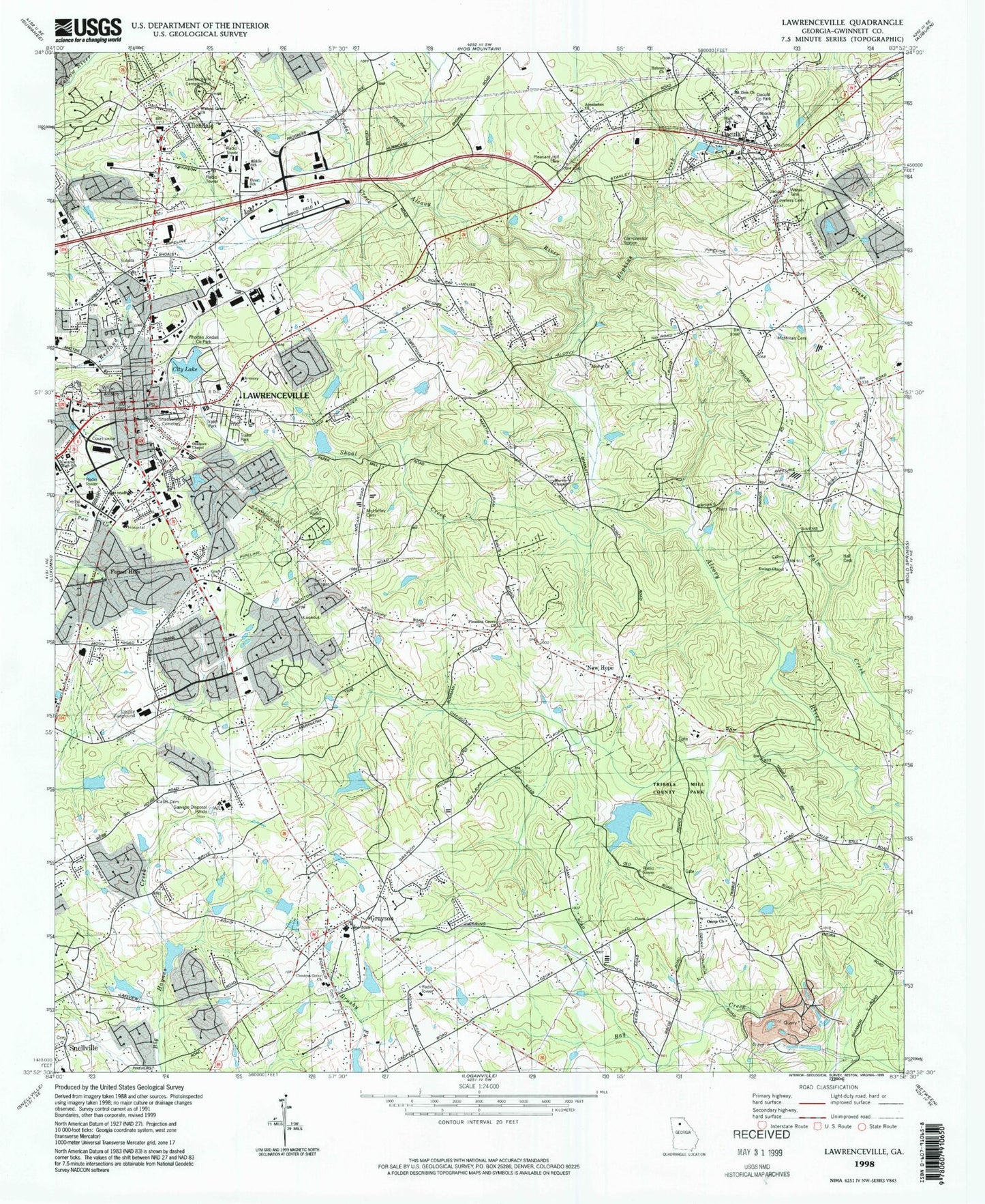 Classic USGS Lawrenceville Georgia 7.5'x7.5' Topo Map Image