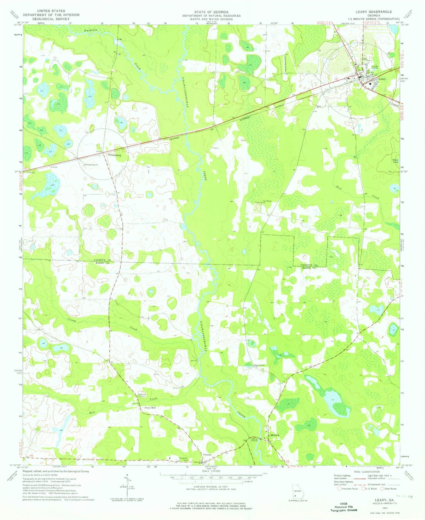 Classic USGS Leary Georgia 7.5'x7.5' Topo Map Image