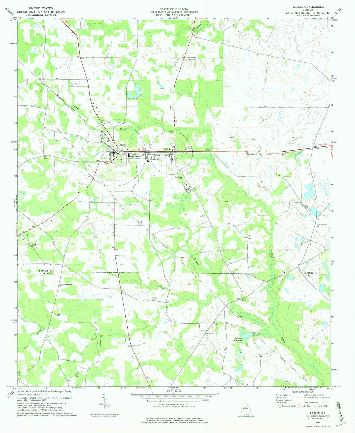 Classic USGS Leslie Georgia 7.5'x7.5' Topo Map Image