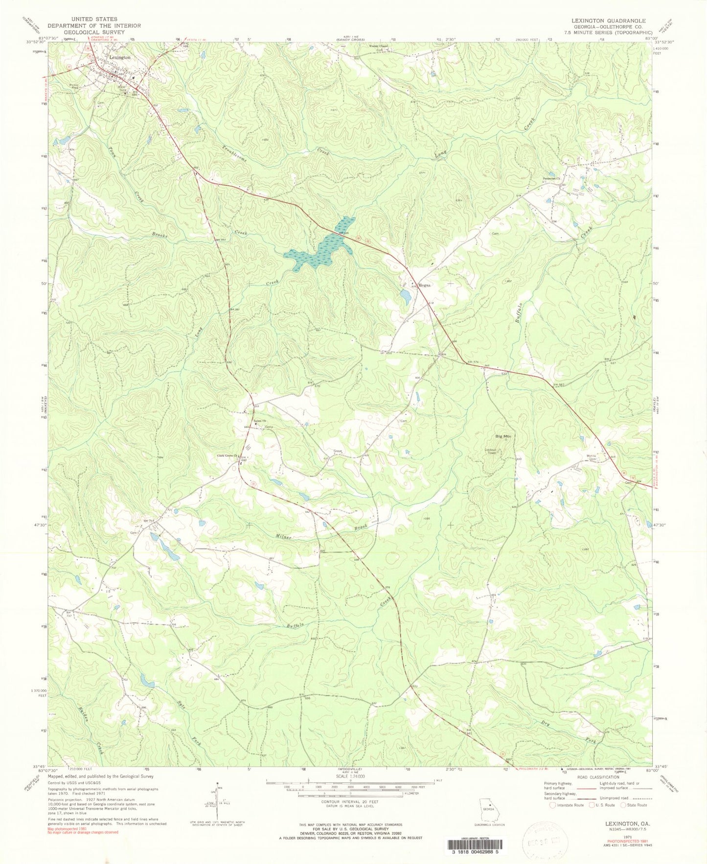 Classic USGS Lexington Georgia 7.5'x7.5' Topo Map Image
