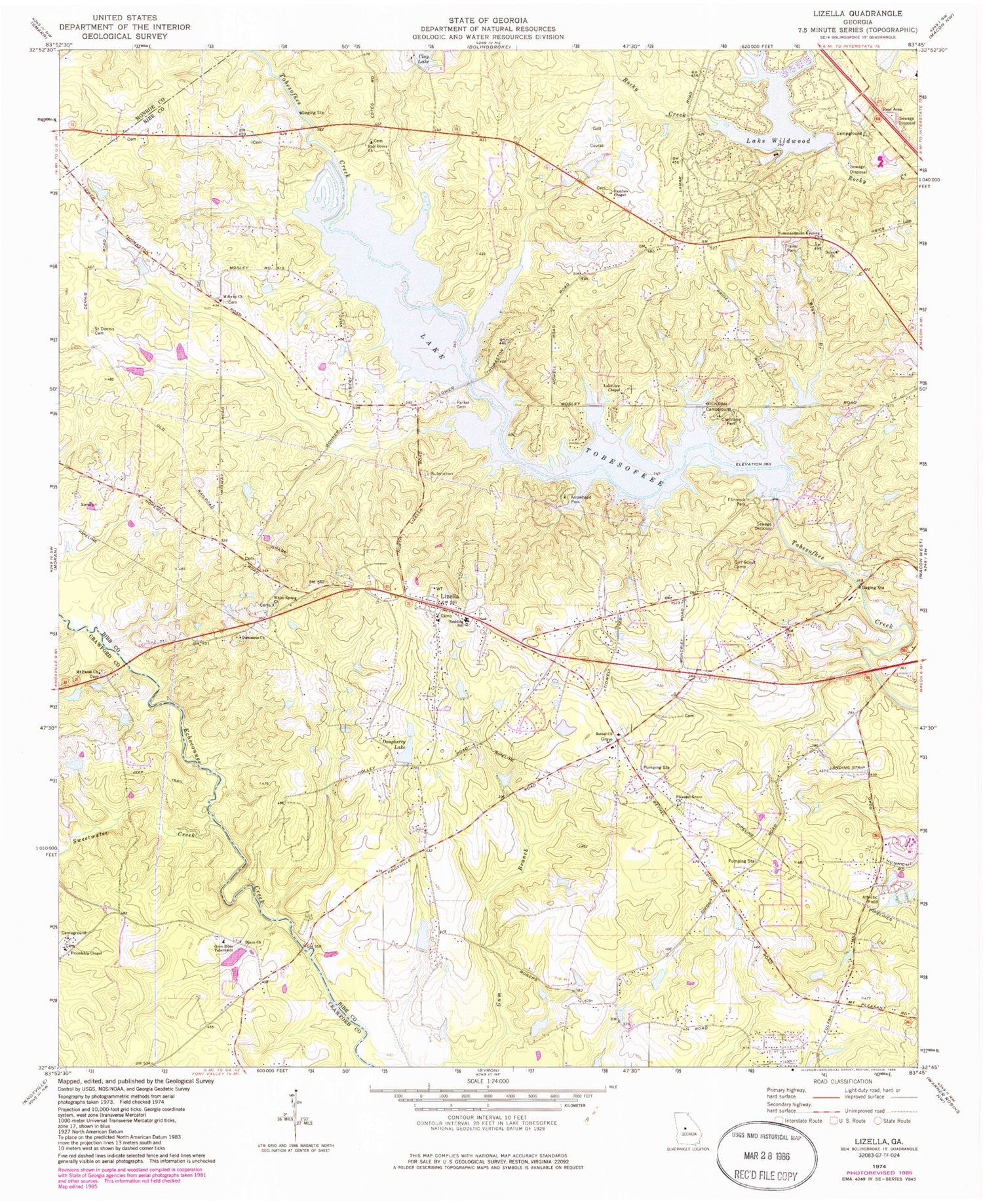 Classic USGS Lizella Georgia 7.5'x7.5' Topo Map Image
