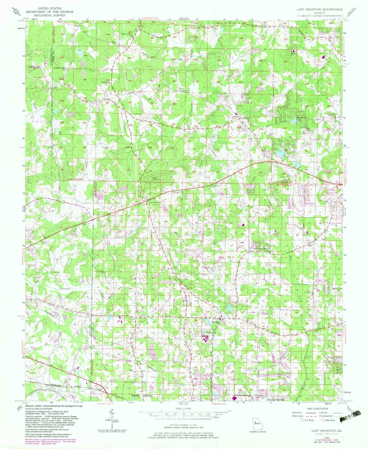 Classic USGS Lost Mountain Georgia 7.5'x7.5' Topo Map Image