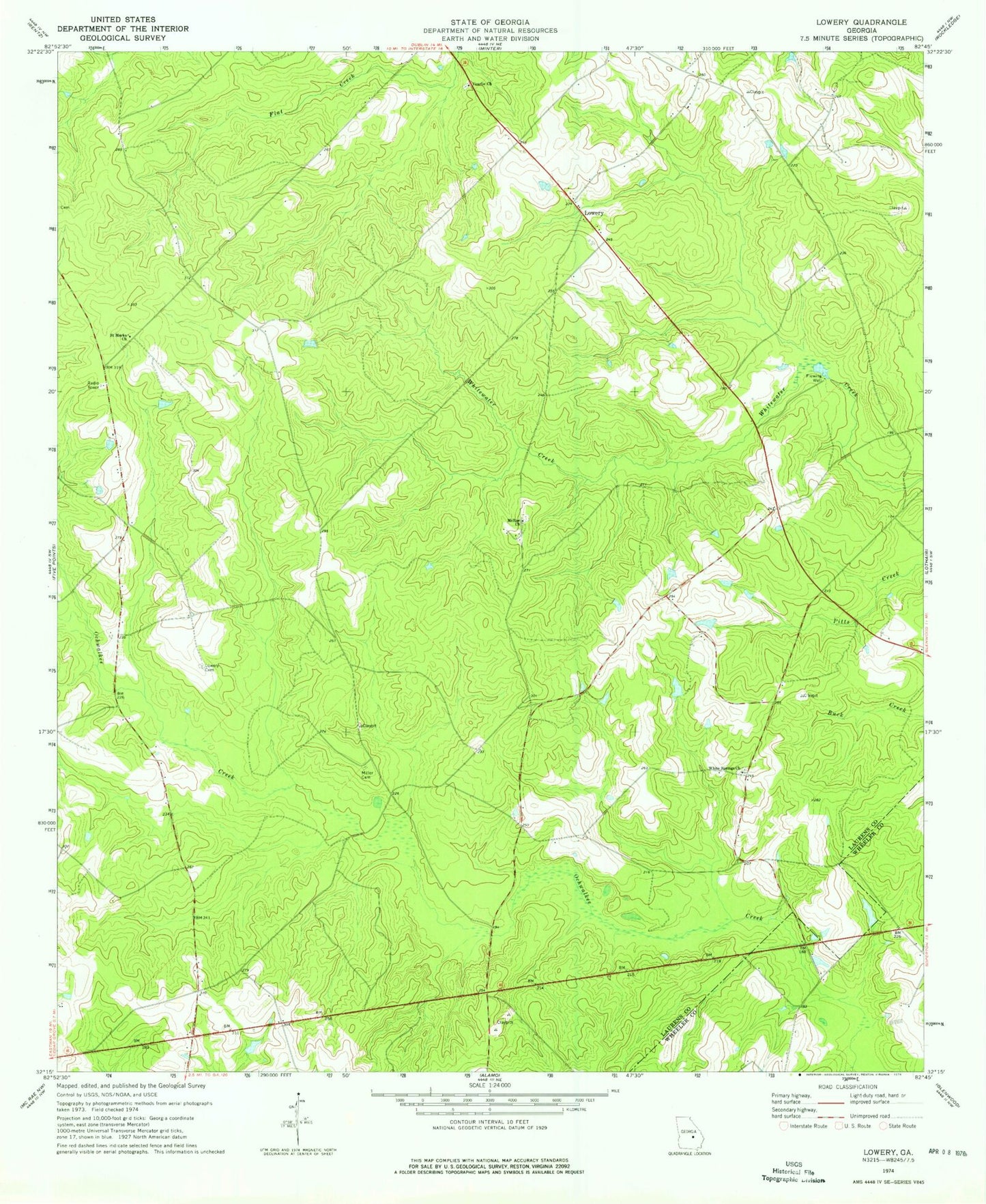 Classic USGS Lowery Georgia 7.5'x7.5' Topo Map Image