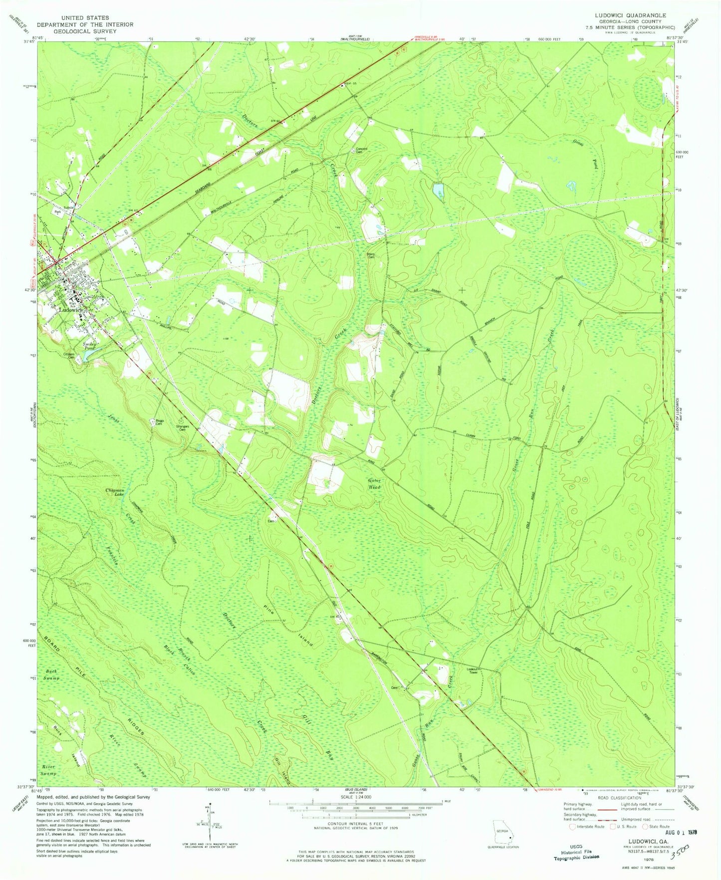 Classic USGS Ludowici Georgia 7.5'x7.5' Topo Map Image