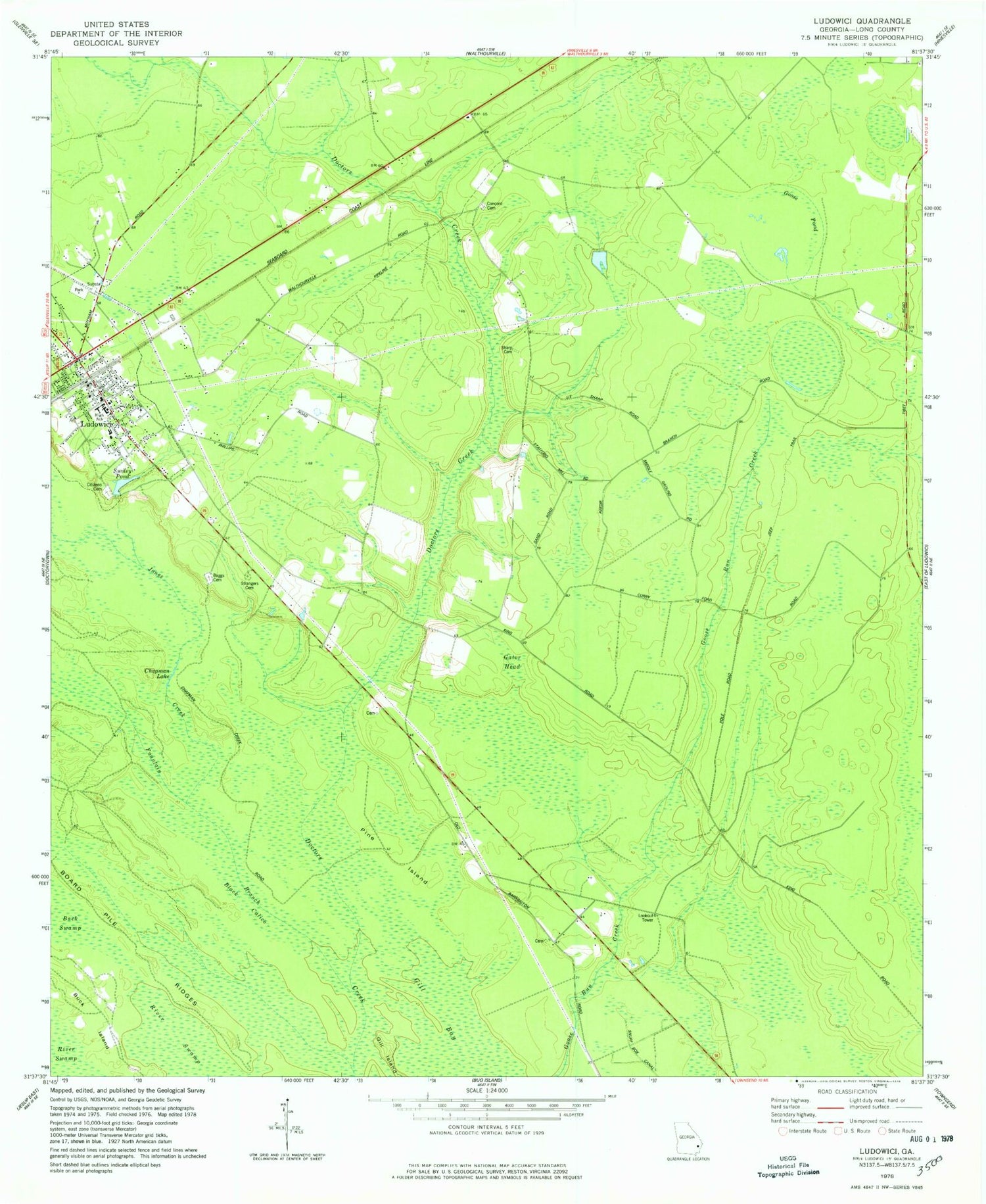 Classic USGS Ludowici Georgia 7.5'x7.5' Topo Map Image