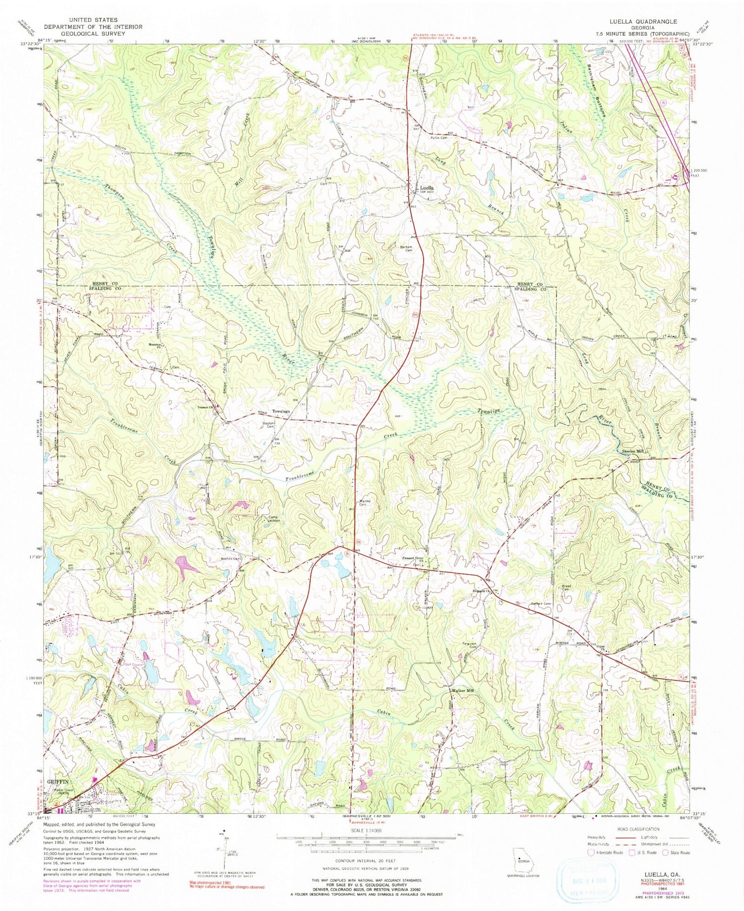 Classic USGS Luella Georgia 7.5'x7.5' Topo Map Image