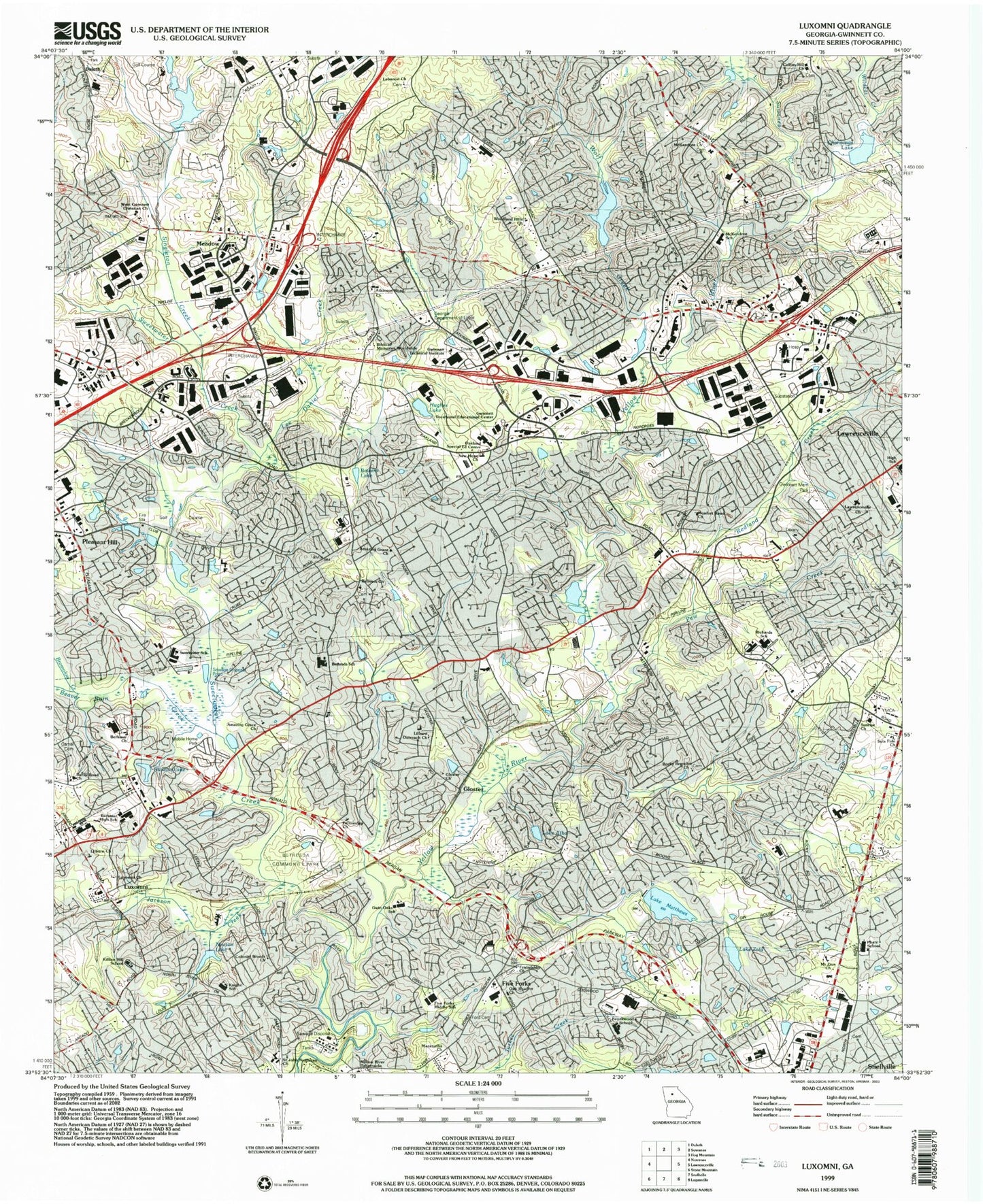 Classic USGS Luxomni Georgia 7.5'x7.5' Topo Map Image