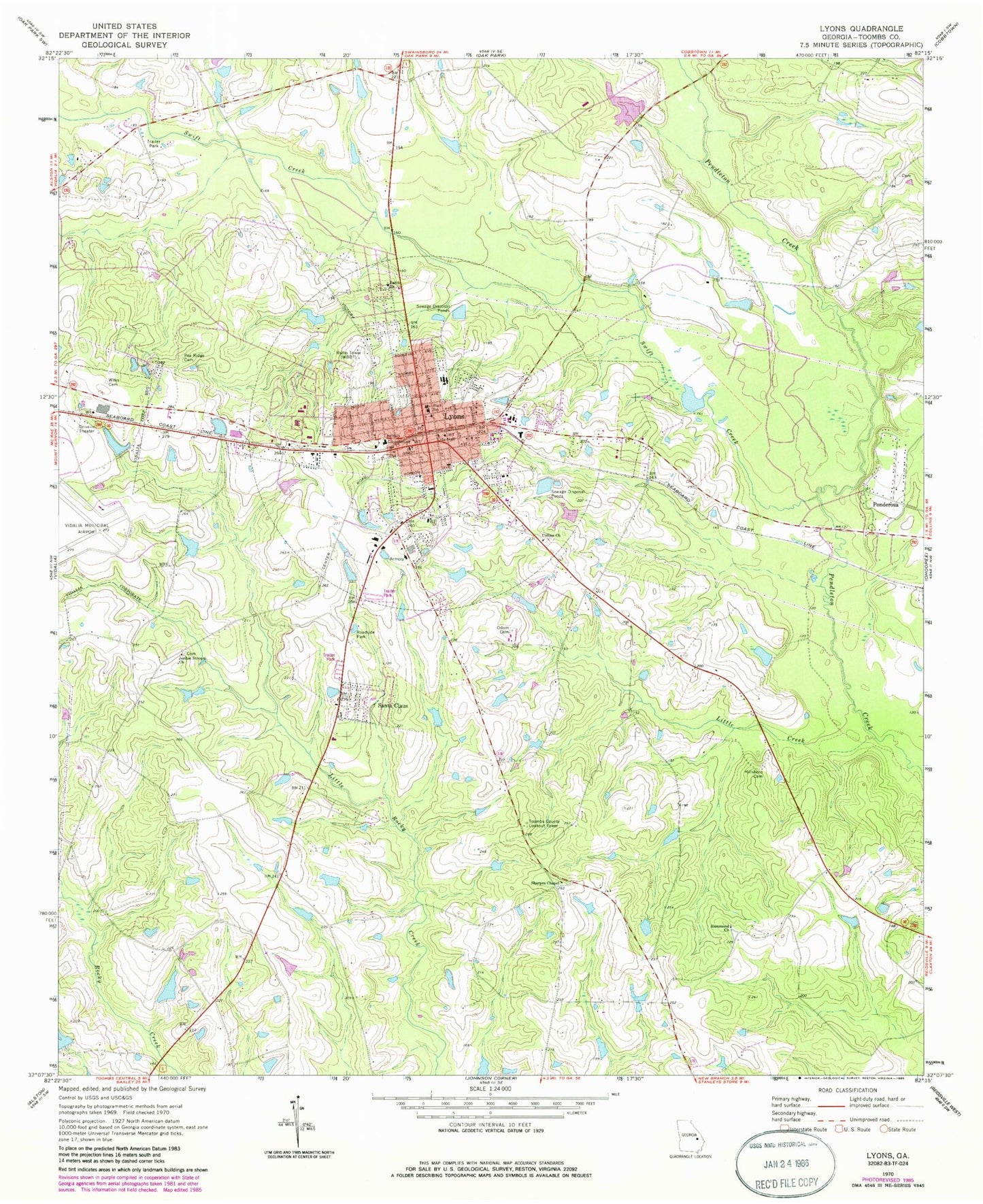 Classic USGS Lyons Georgia 7.5'x7.5' Topo Map Image