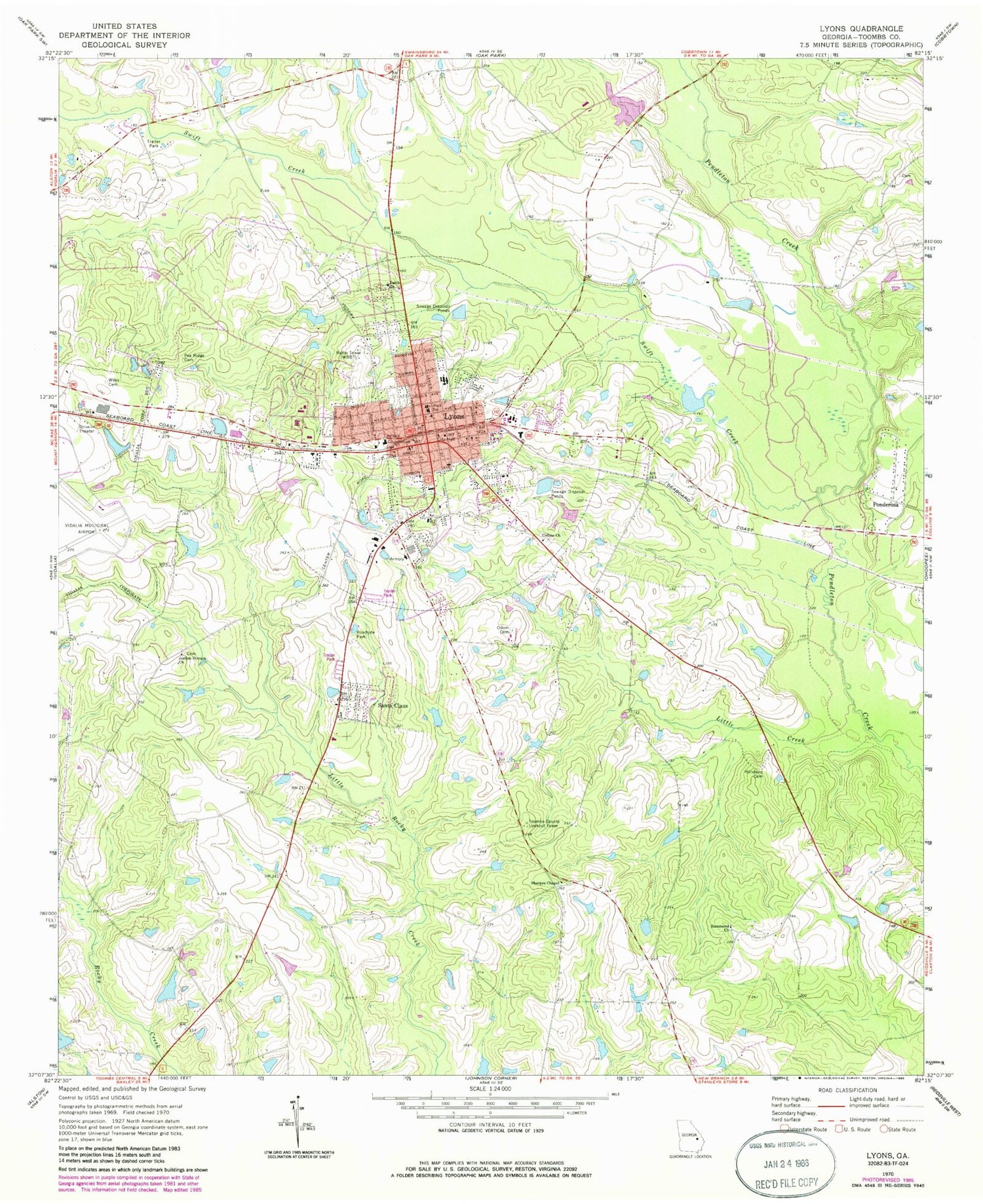 Classic USGS Lyons Georgia 7.5'x7.5' Topo Map Image