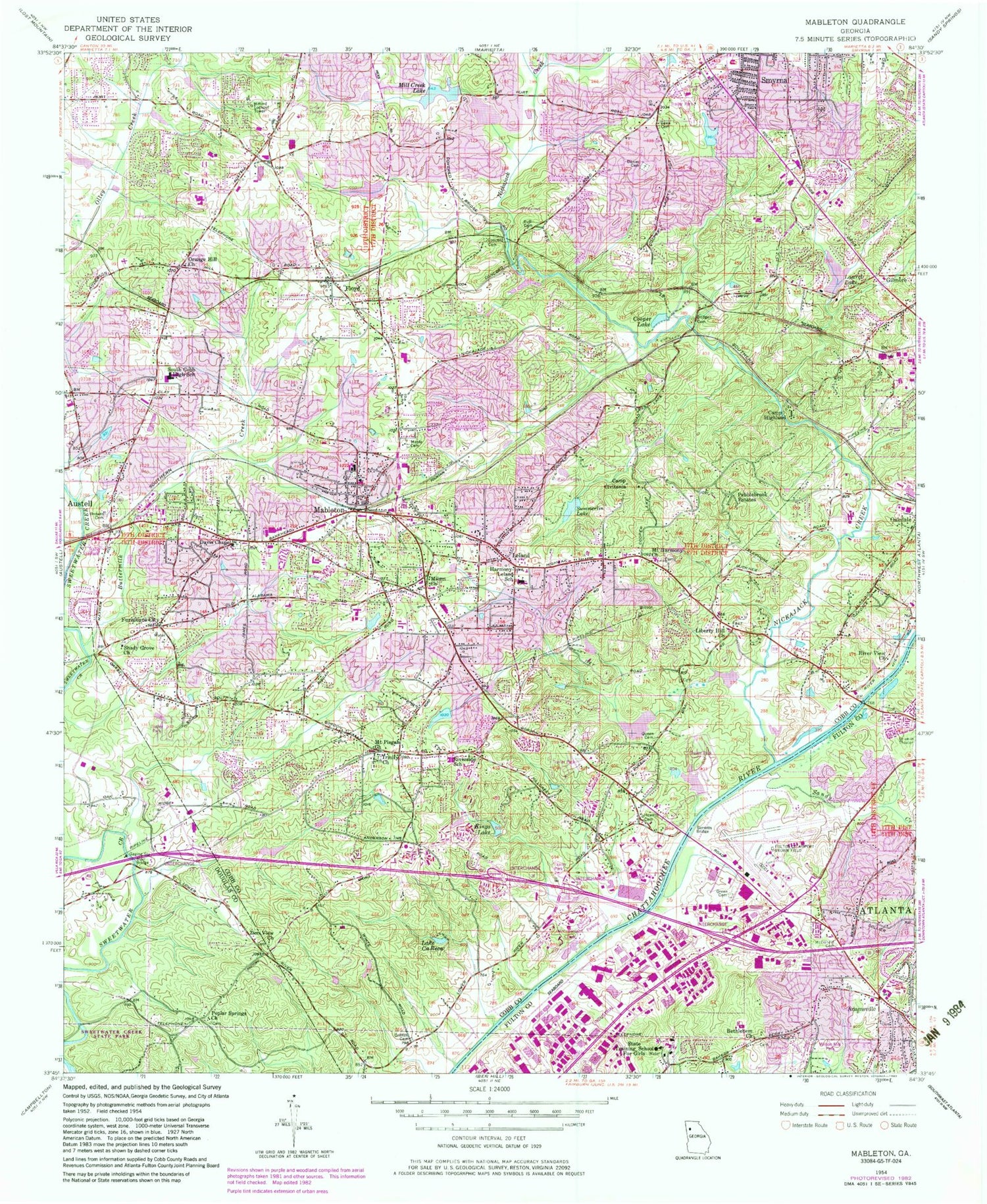 Classic USGS Mableton Georgia 7.5'x7.5' Topo Map Image