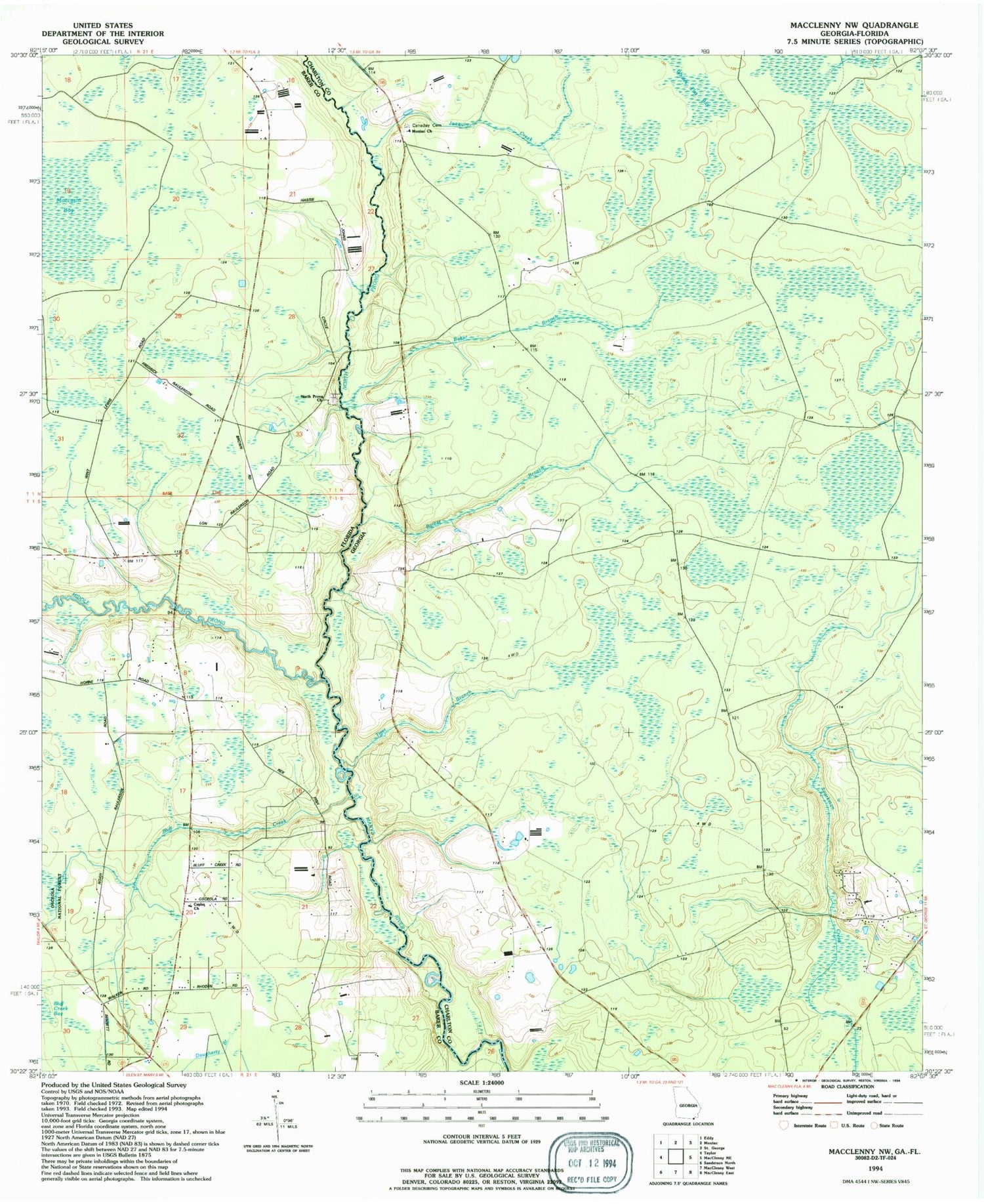 Classic USGS Macclenny NW Georgia 7.5'x7.5' Topo Map Image