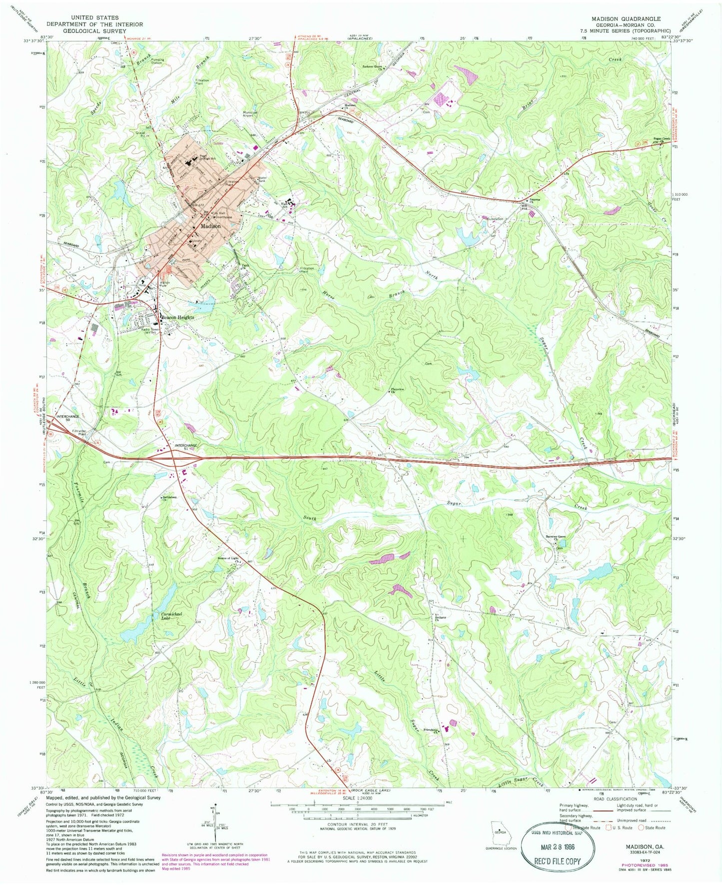 Classic USGS Madison Georgia 7.5'x7.5' Topo Map Image