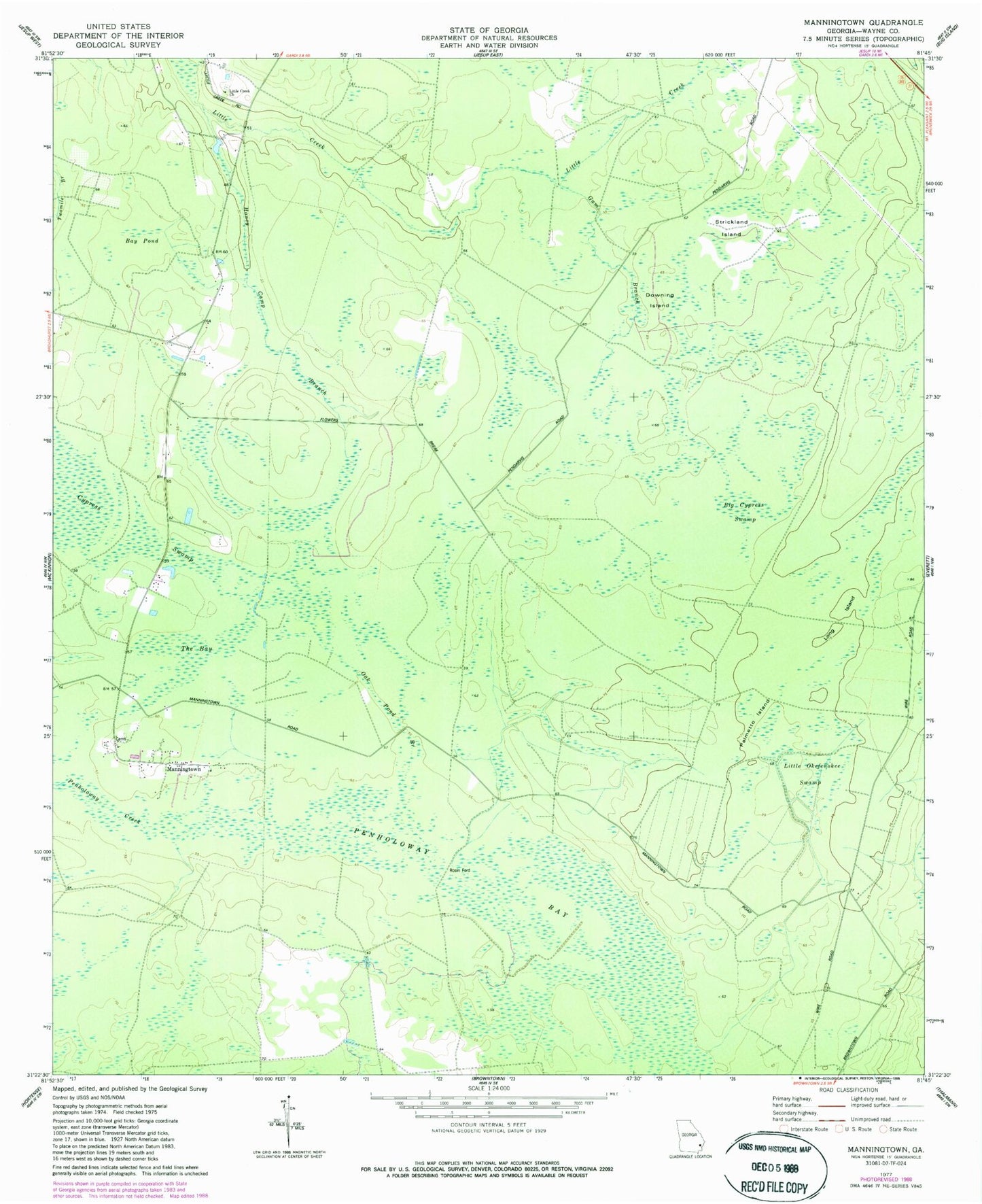 Classic USGS Manningtown Georgia 7.5'x7.5' Topo Map Image