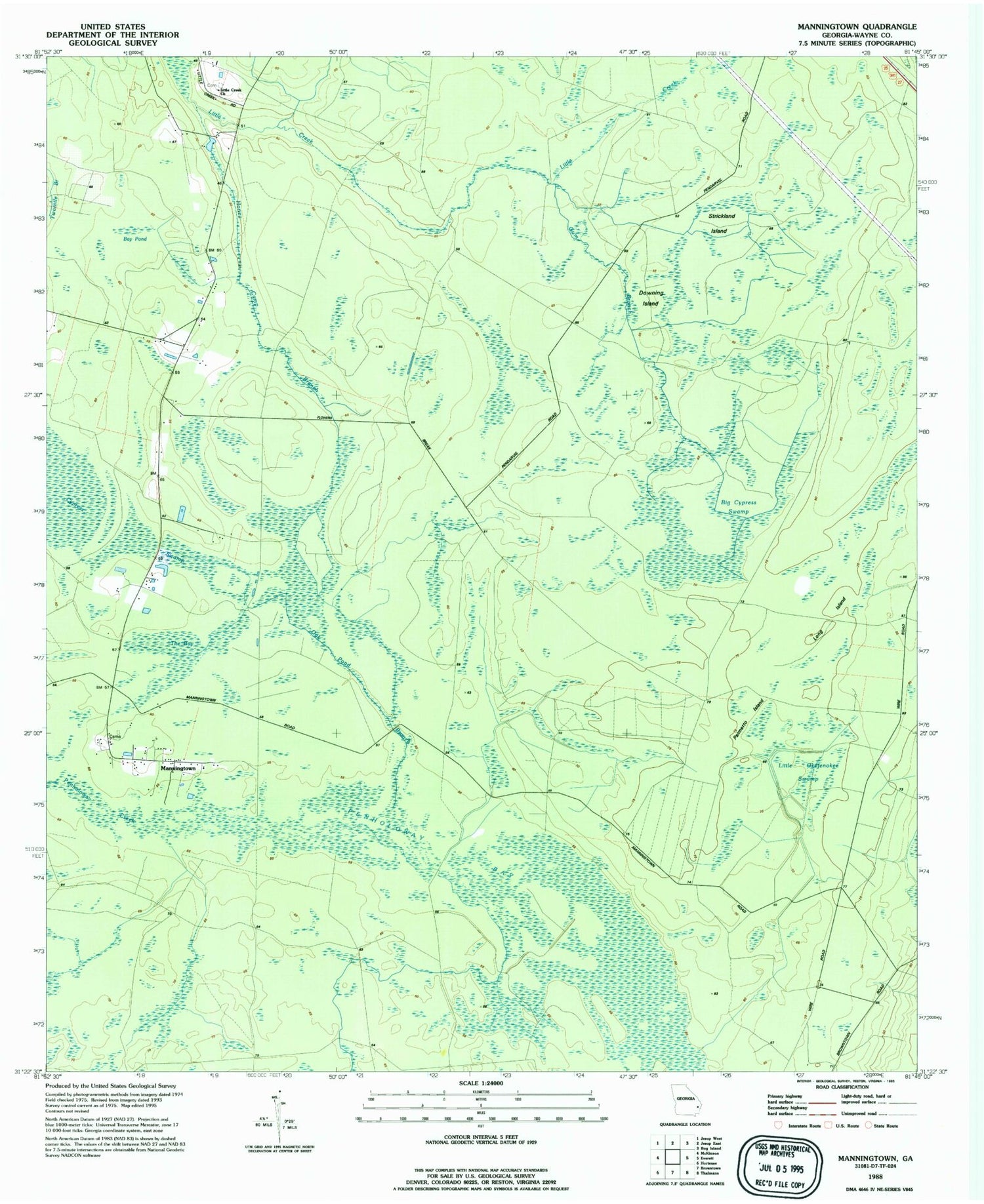 Classic USGS Manningtown Georgia 7.5'x7.5' Topo Map Image