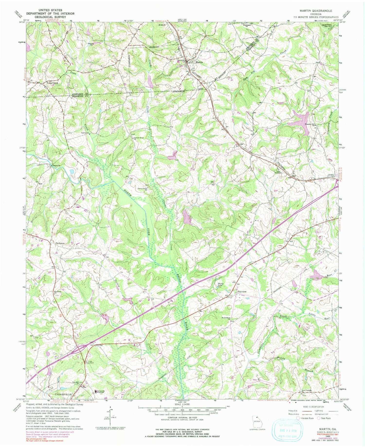 Classic USGS Martin Georgia 7.5'x7.5' Topo Map Image