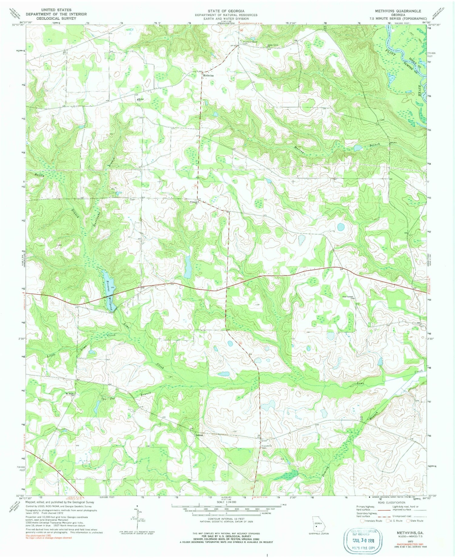 Classic USGS Methvins Georgia 7.5'x7.5' Topo Map Image