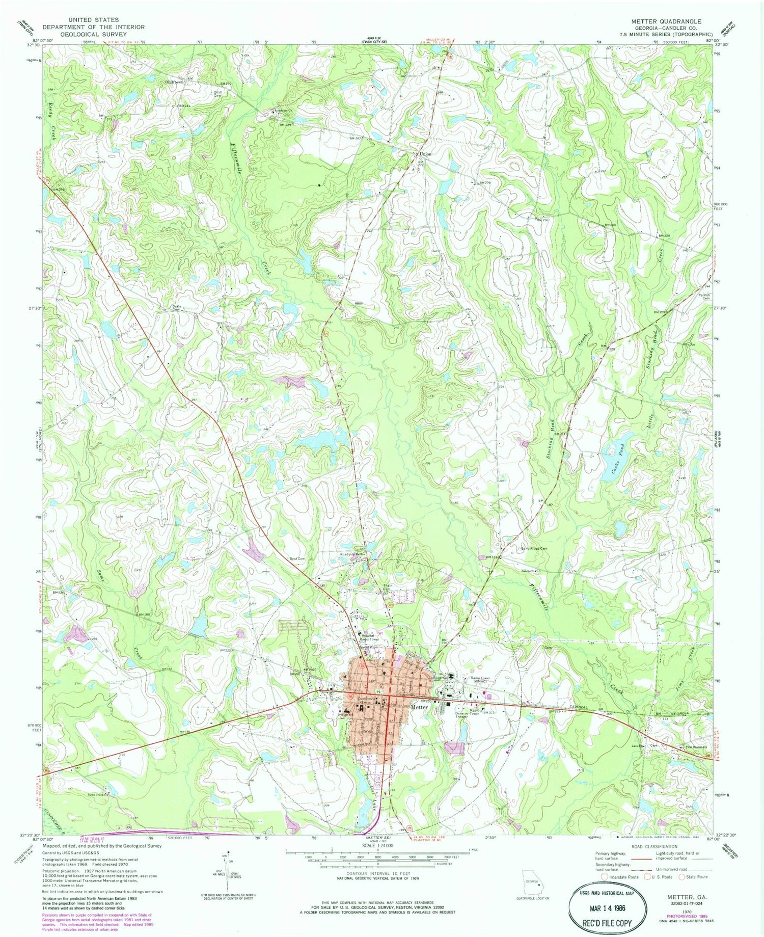 Classic USGS Metter Georgia 7.5'x7.5' Topo Map Image