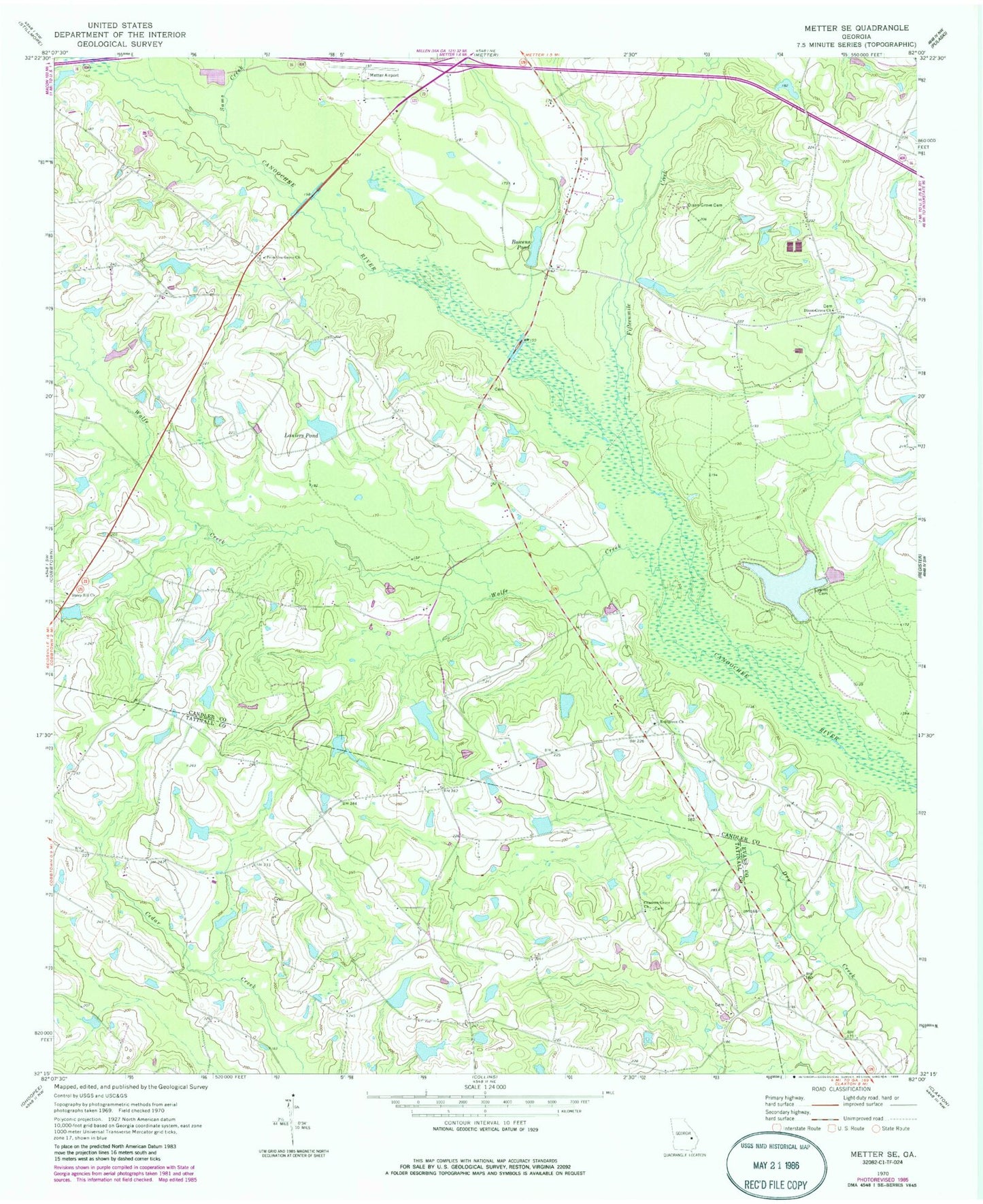 Classic USGS Metter SE Georgia 7.5'x7.5' Topo Map Image