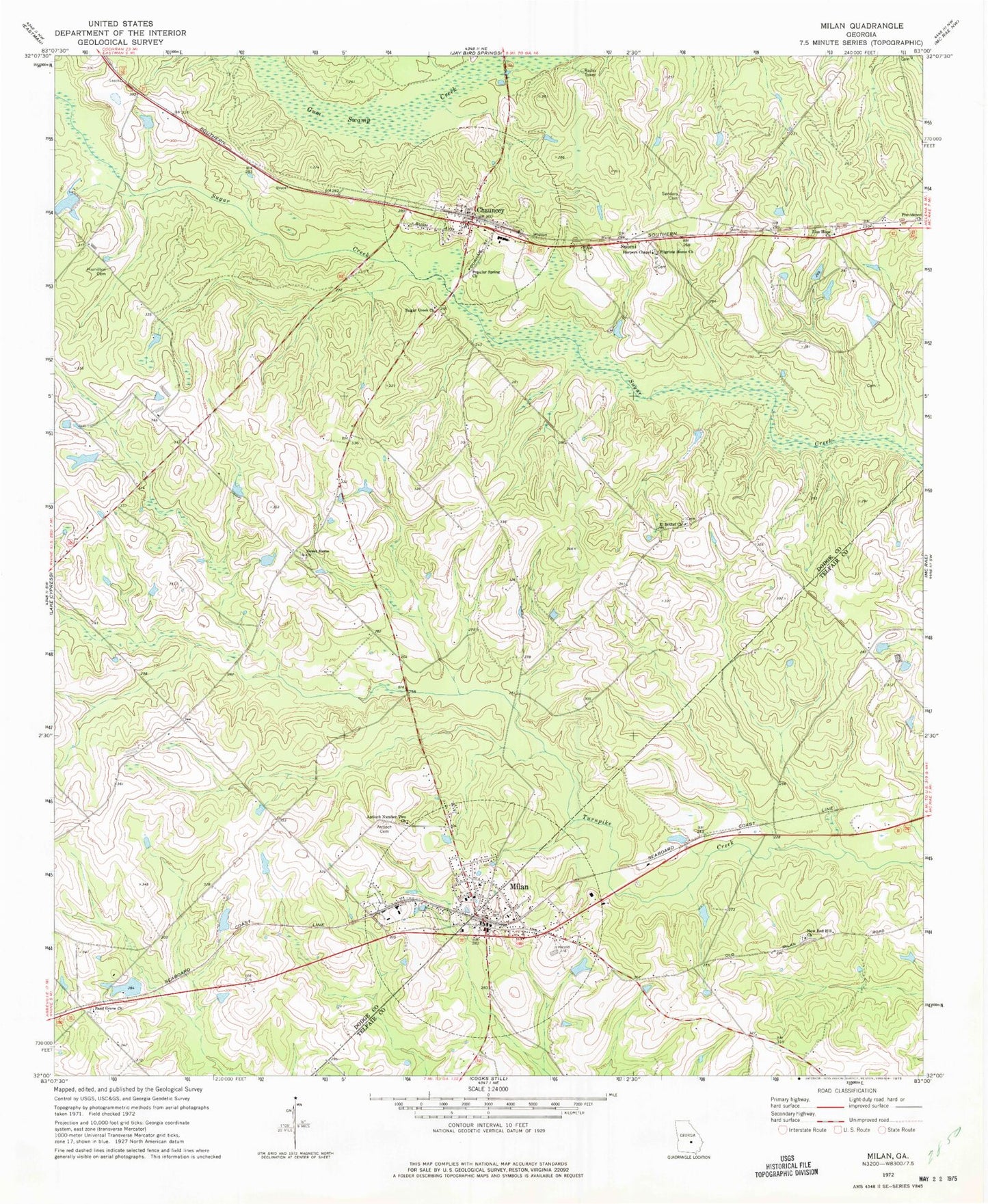 Classic USGS Milan Georgia 7.5'x7.5' Topo Map Image