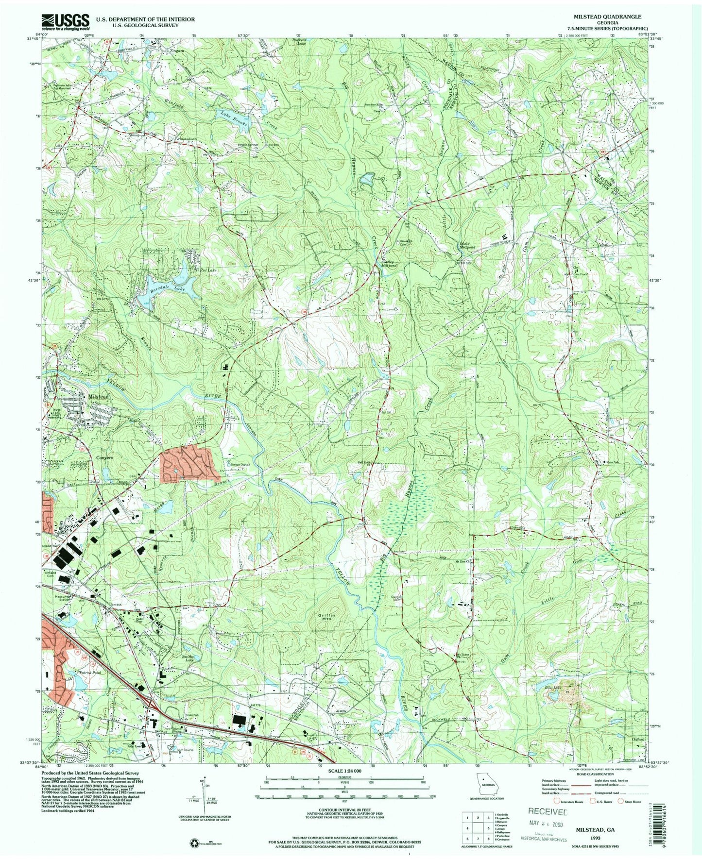 Classic USGS Milstead Georgia 7.5'x7.5' Topo Map Image