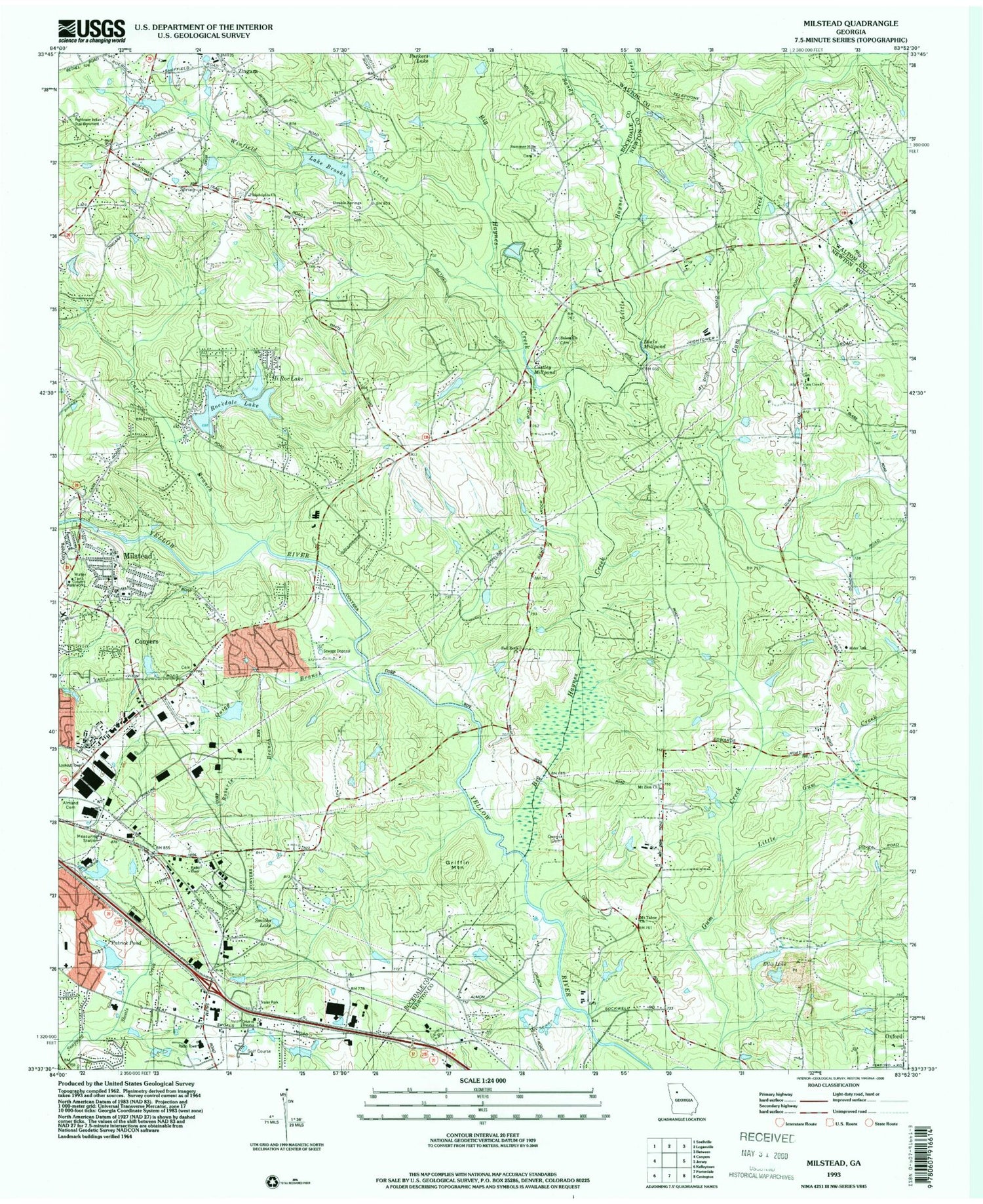 Classic USGS Milstead Georgia 7.5'x7.5' Topo Map Image