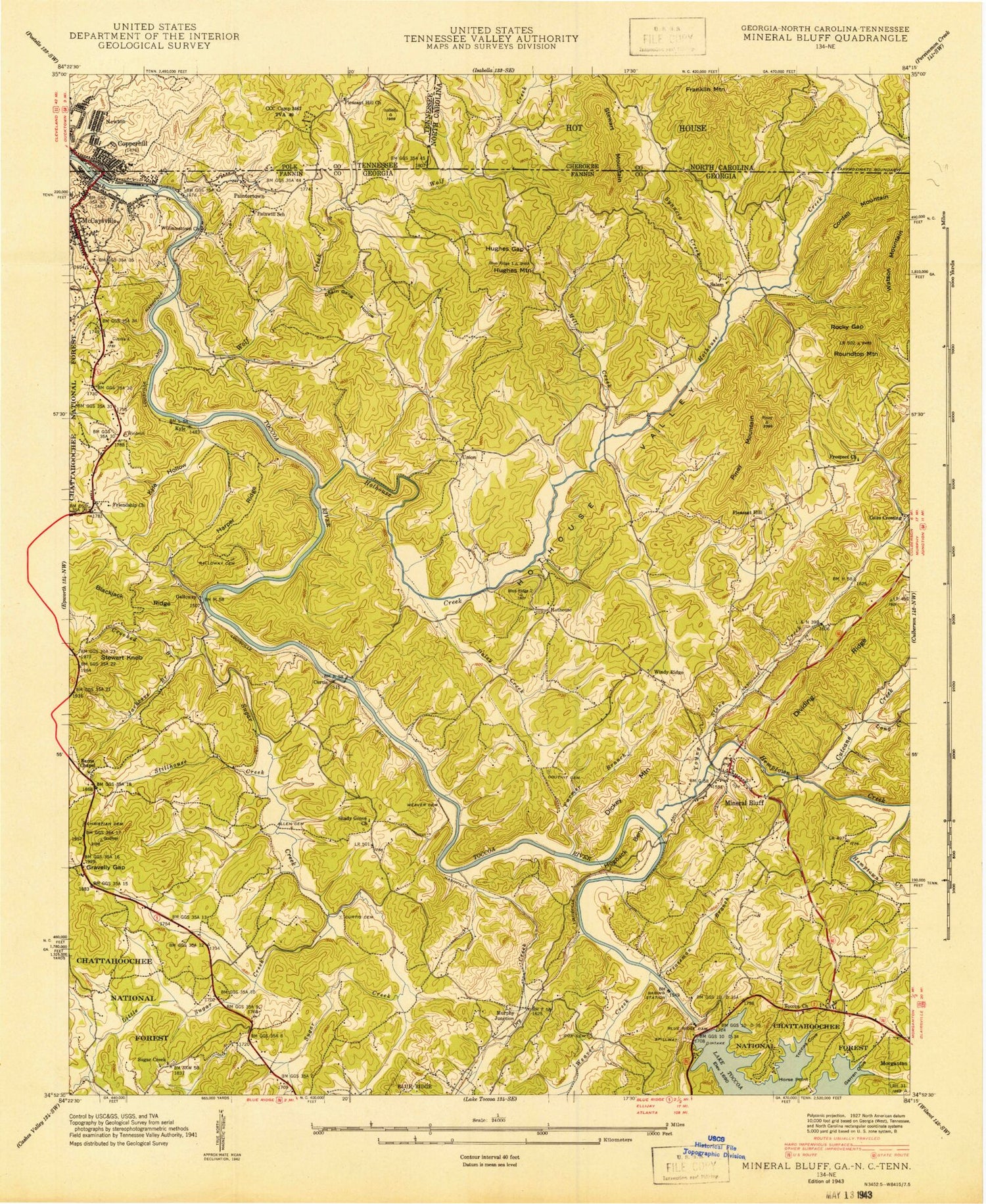 Classic USGS Mineral Bluff Georgia 7.5'x7.5' Topo Map Image