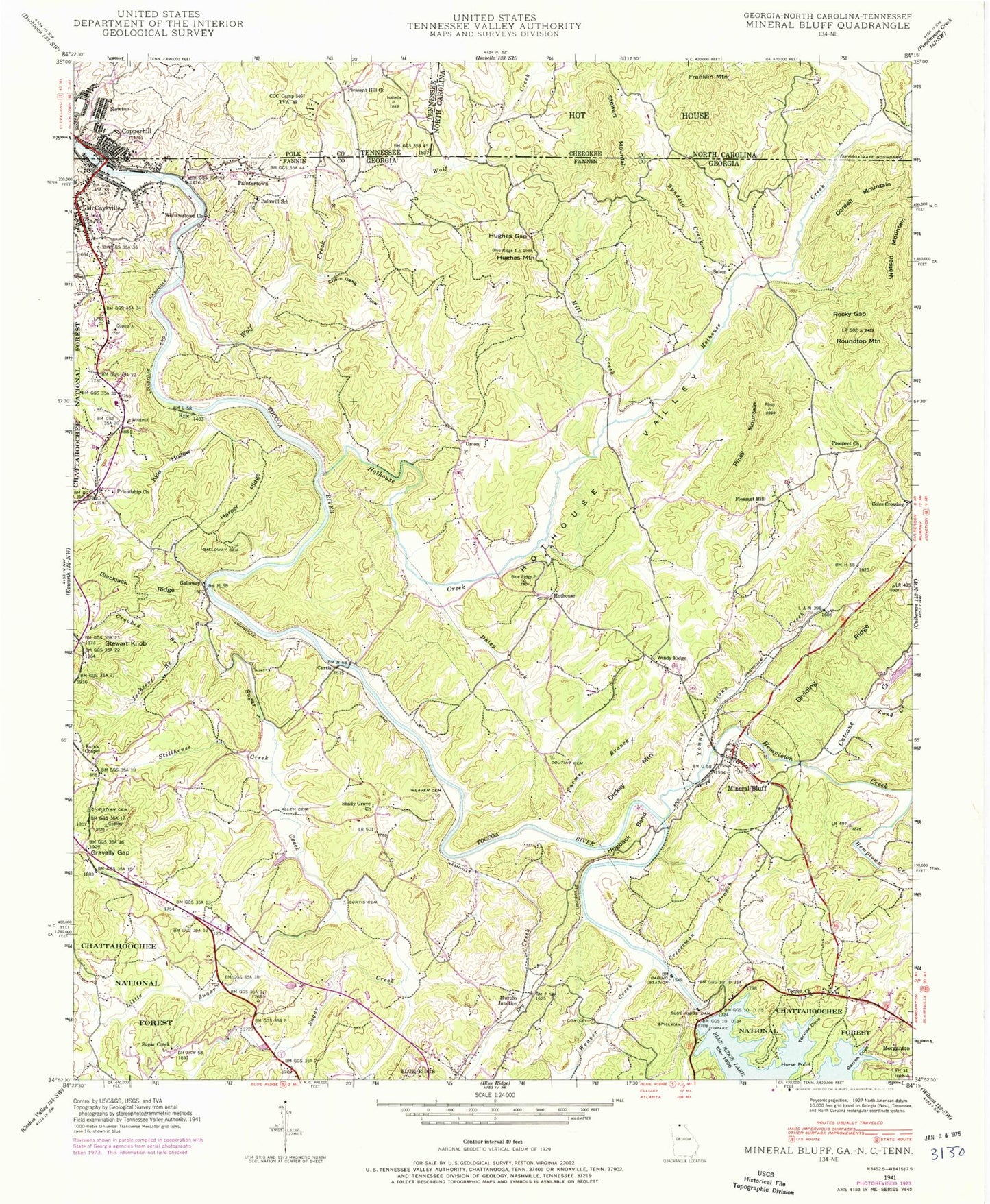 Classic USGS Mineral Bluff Georgia 7.5'x7.5' Topo Map Image