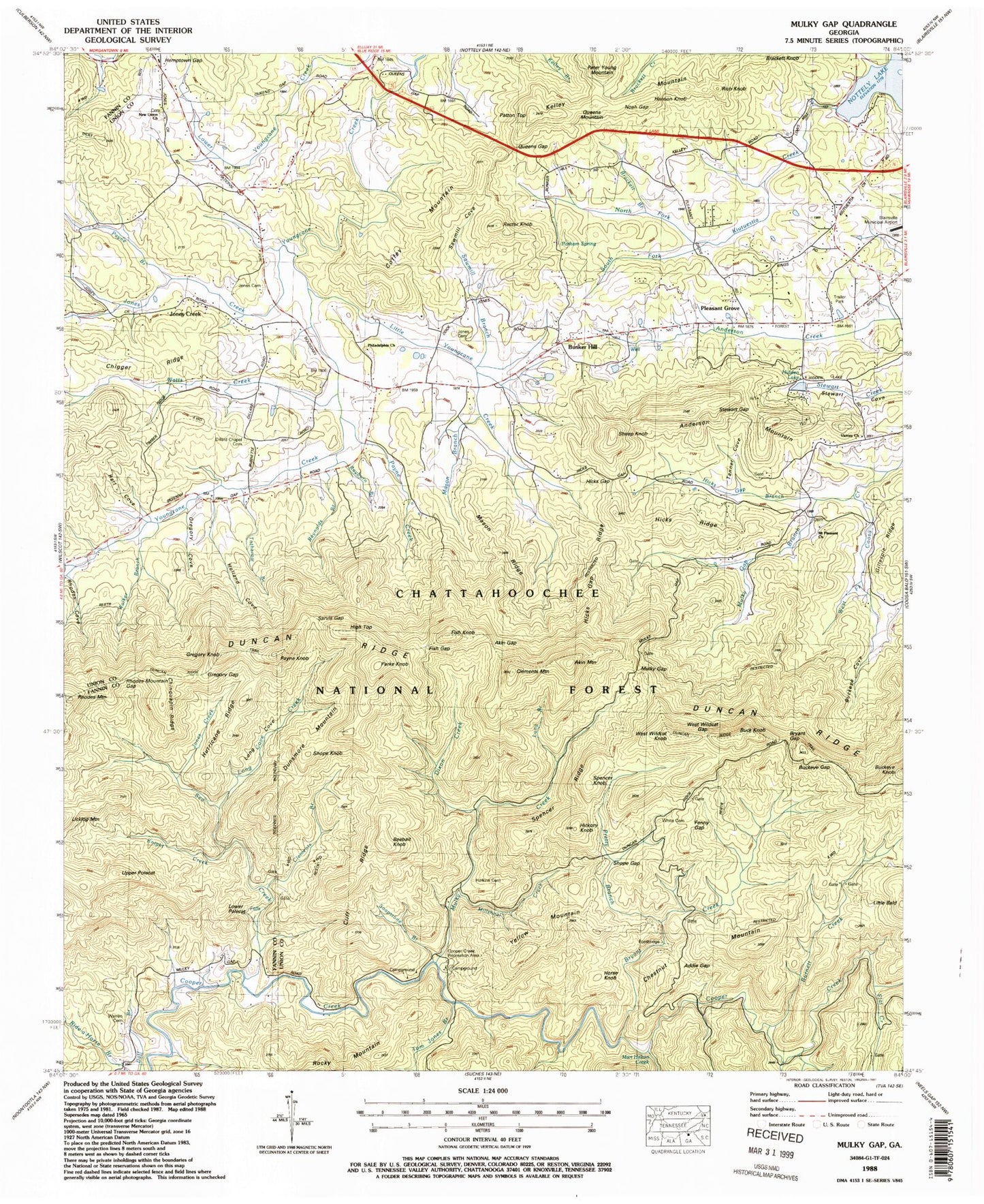 Classic USGS Mulky Gap Georgia 7.5'x7.5' Topo Map Image