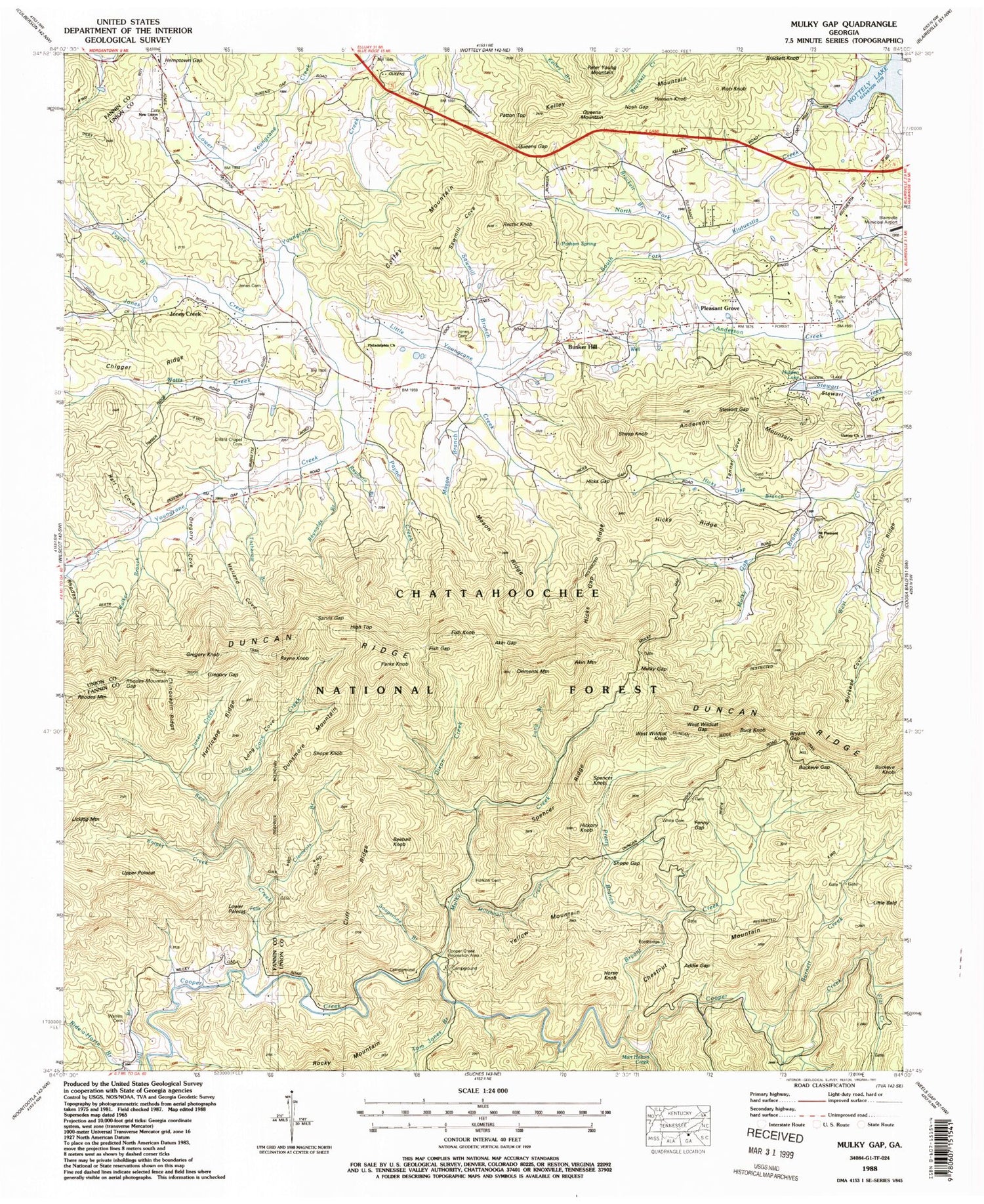 Classic USGS Mulky Gap Georgia 7.5'x7.5' Topo Map Image