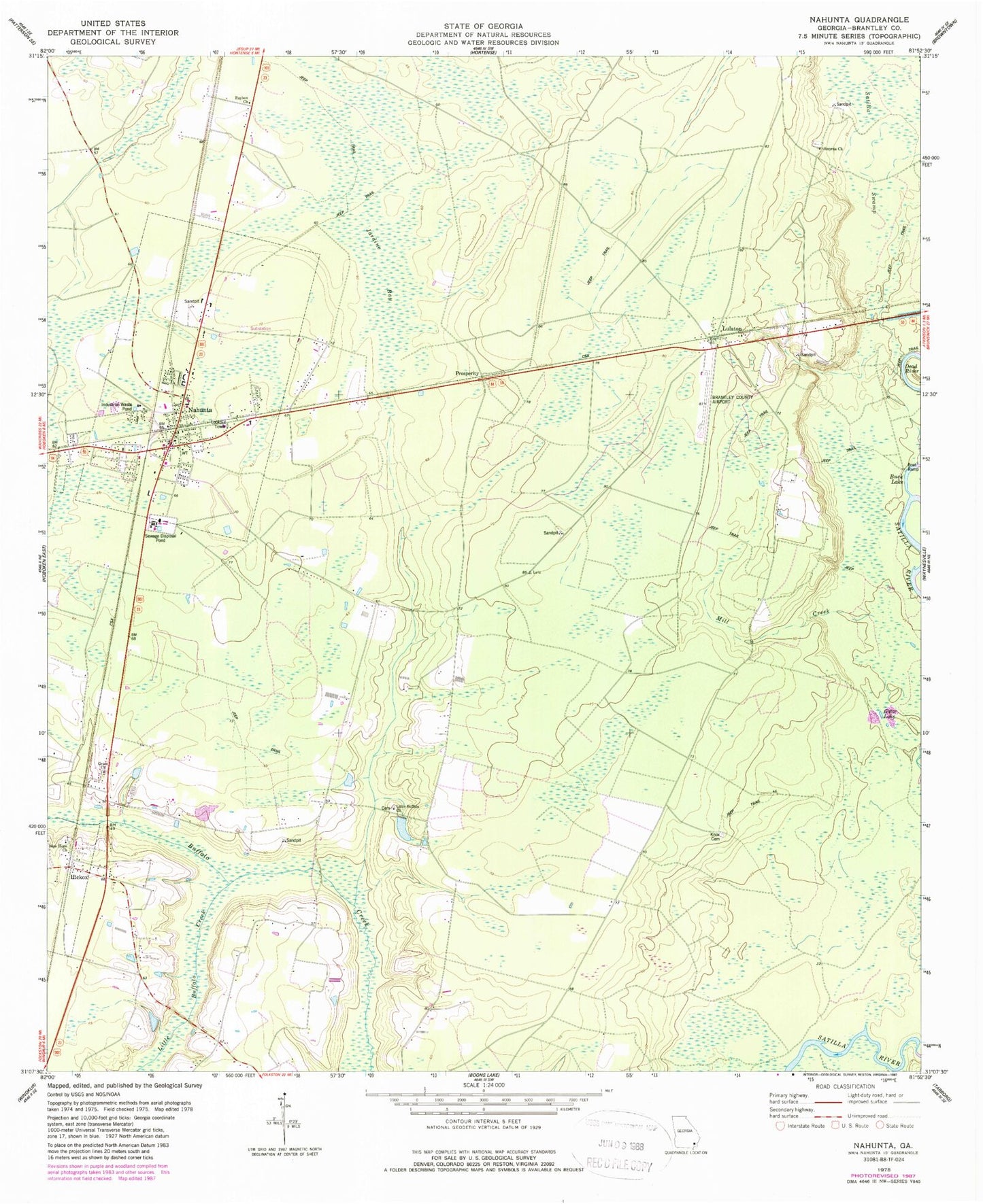 Classic USGS Nahunta Georgia 7.5'x7.5' Topo Map Image