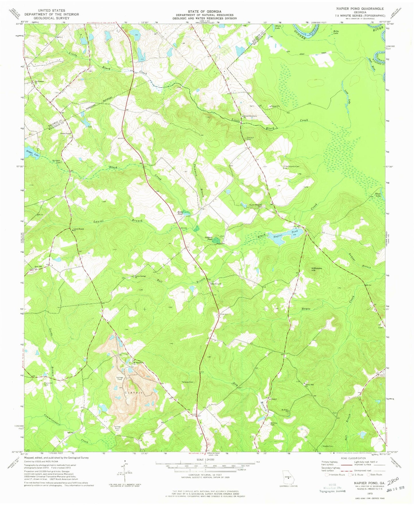 Classic USGS Napier Pond Georgia 7.5'x7.5' Topo Map Image