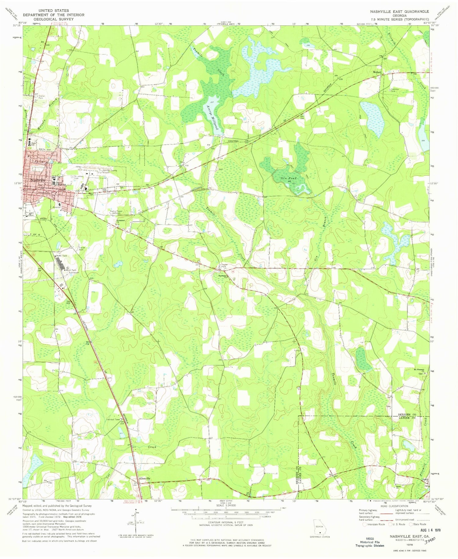 Classic USGS Nashville East Georgia 7.5'x7.5' Topo Map Image