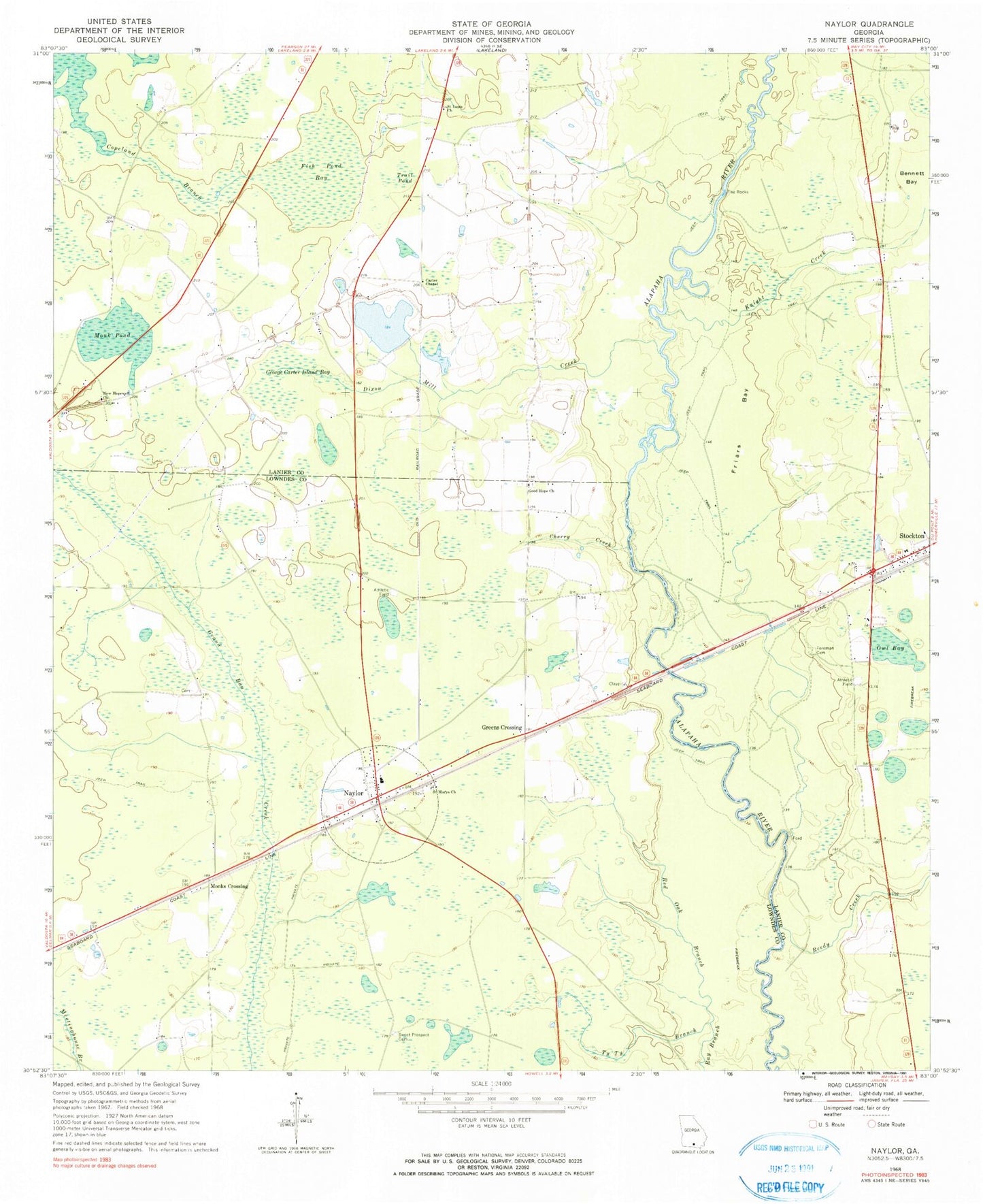 Classic USGS Naylor Georgia 7.5'x7.5' Topo Map Image