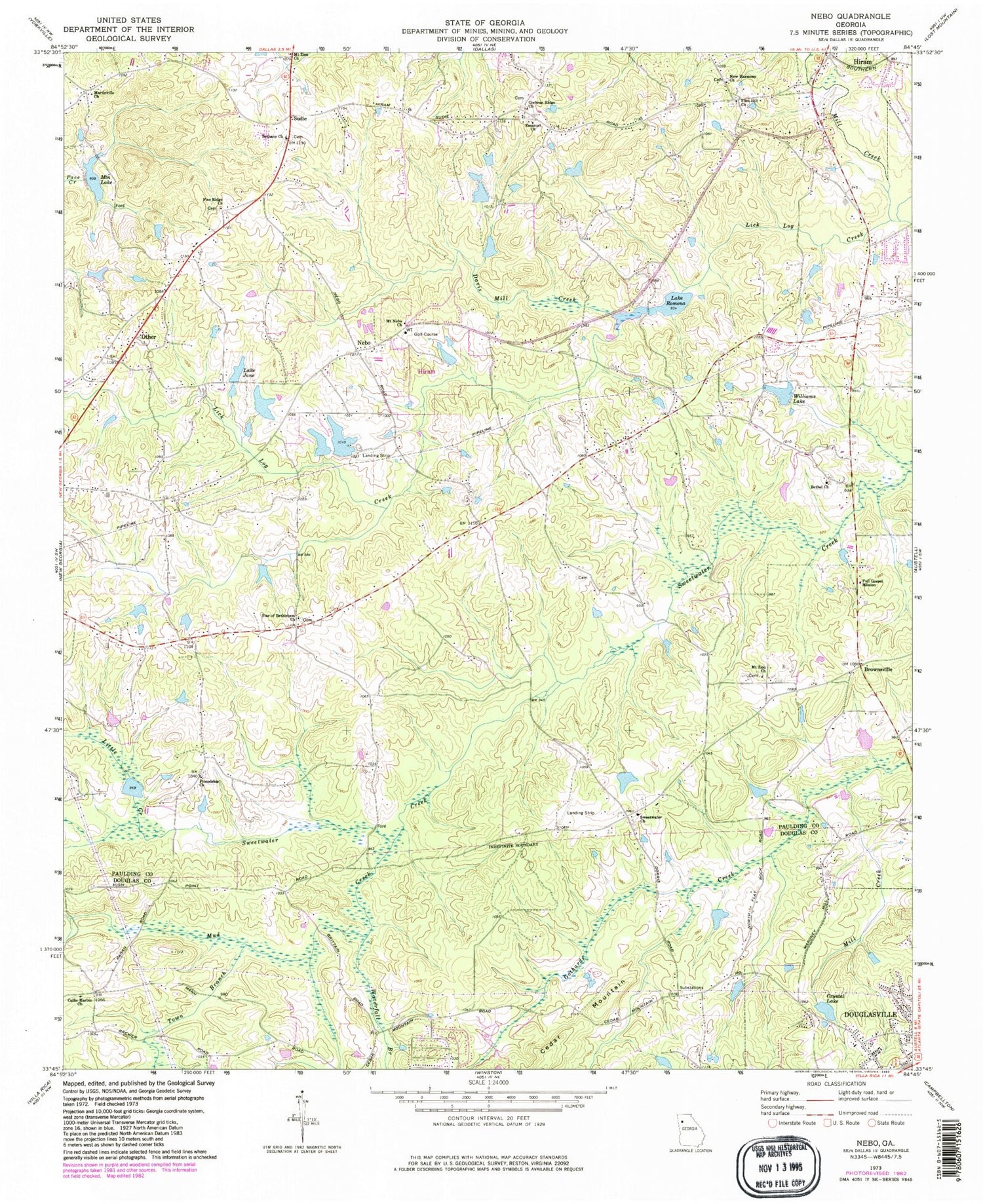 Classic USGS Nebo Georgia 7.5'x7.5' Topo Map Image