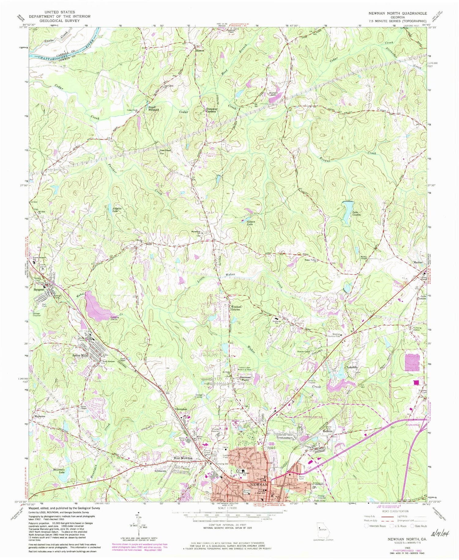 Classic USGS Newnan North Georgia 7.5'x7.5' Topo Map Image