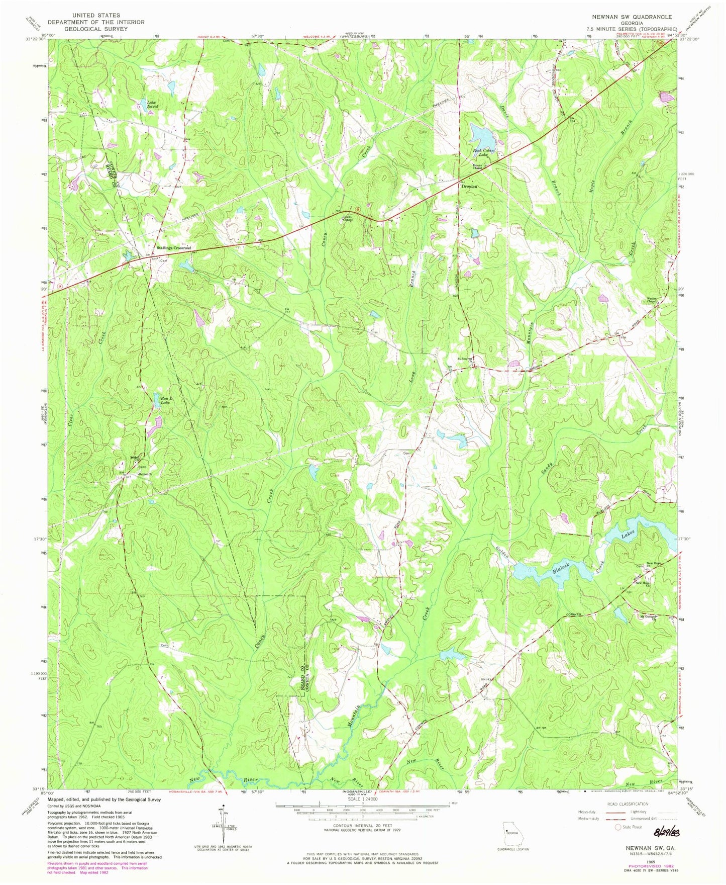 Classic USGS Newnan SW Georgia 7.5'x7.5' Topo Map Image