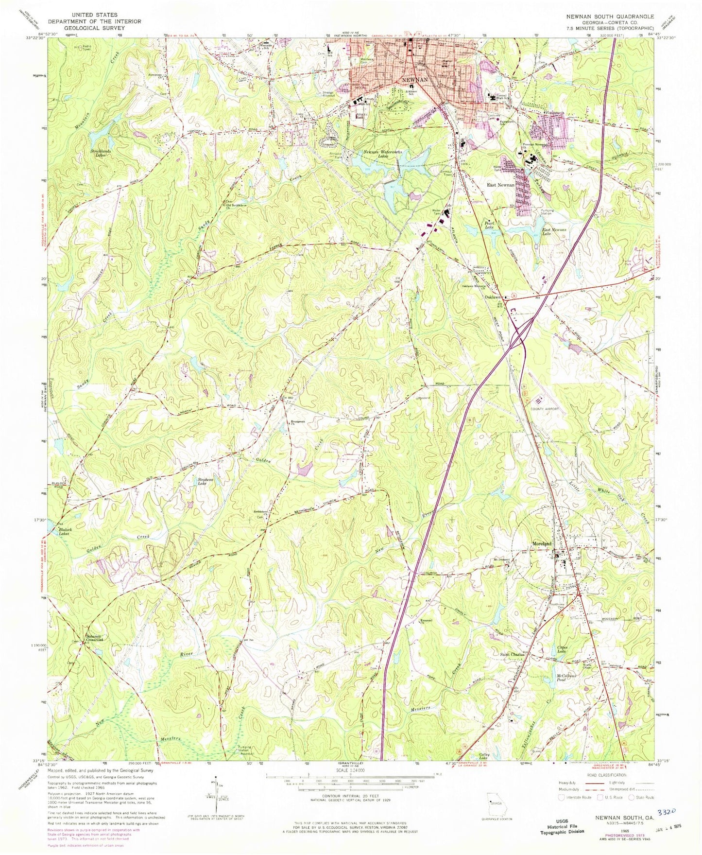Classic USGS Newnan South Georgia 7.5'x7.5' Topo Map Image