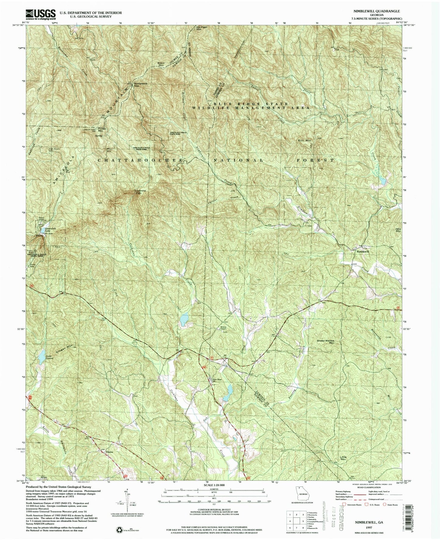 USGS Classic Nimblewill Georgia 7.5'x7.5' Topo Map Image