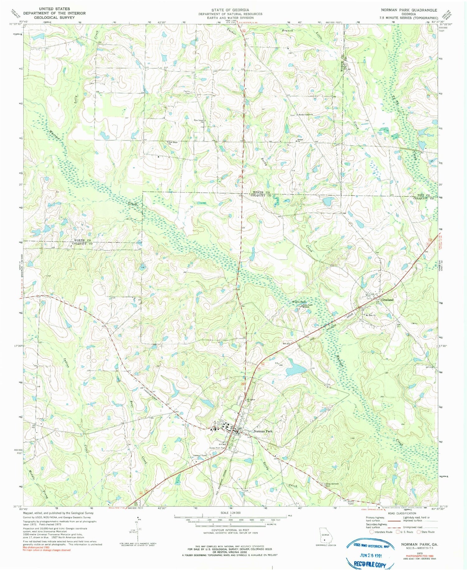 Classic USGS Norman Park Georgia 7.5'x7.5' Topo Map Image