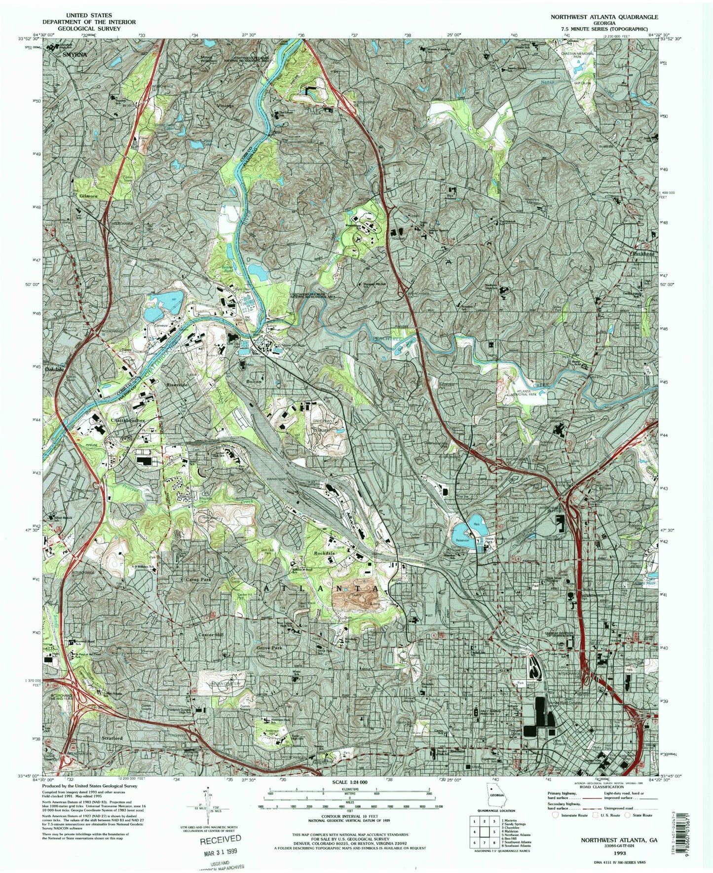 Classic USGS Northwest Atlanta Georgia 7.5'x7.5' Topo Map Image