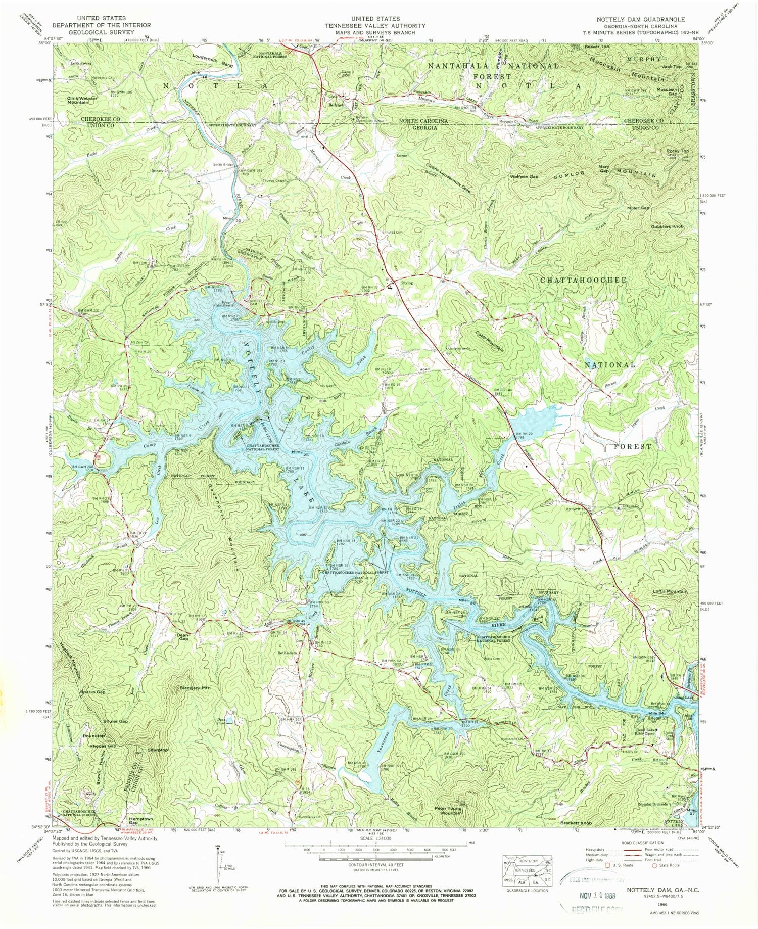 Classic USGS Nottely Dam Georgia 7.5'x7.5' Topo Map Image