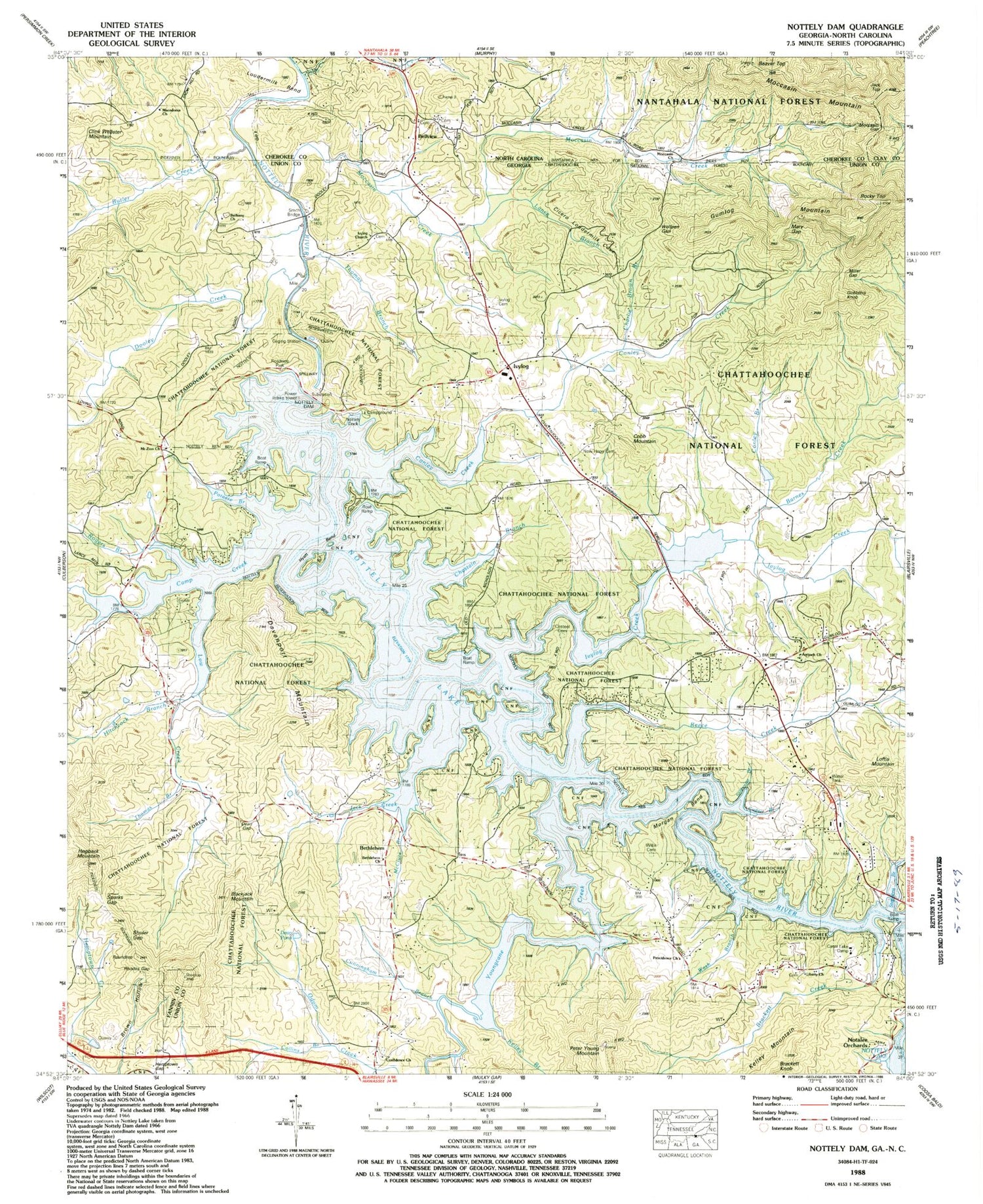 Classic USGS Nottely Dam Georgia 7.5'x7.5' Topo Map Image