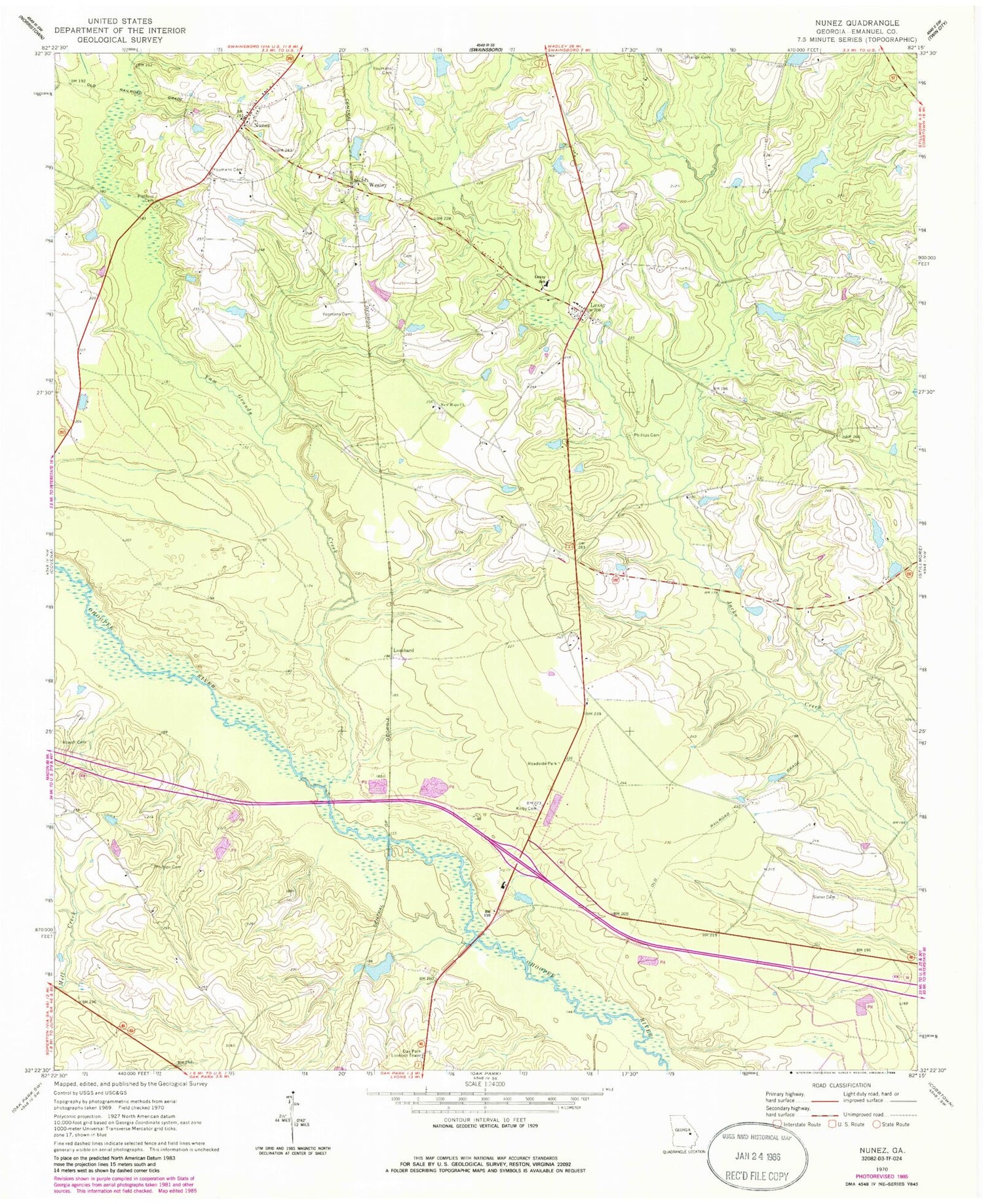 Classic USGS Nunez Georgia 7.5'x7.5' Topo Map Image