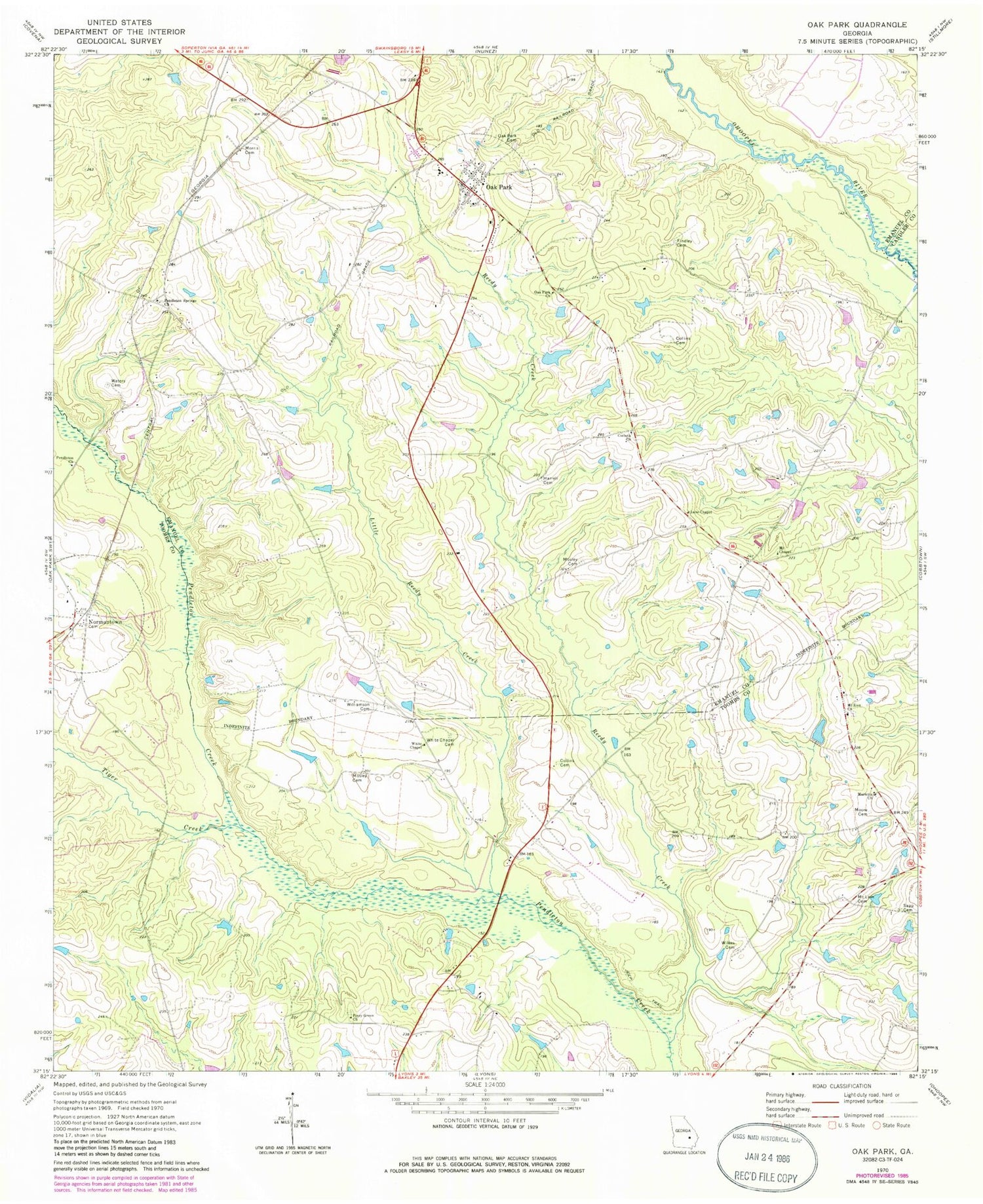 Classic USGS Oak Park Georgia 7.5'x7.5' Topo Map Image