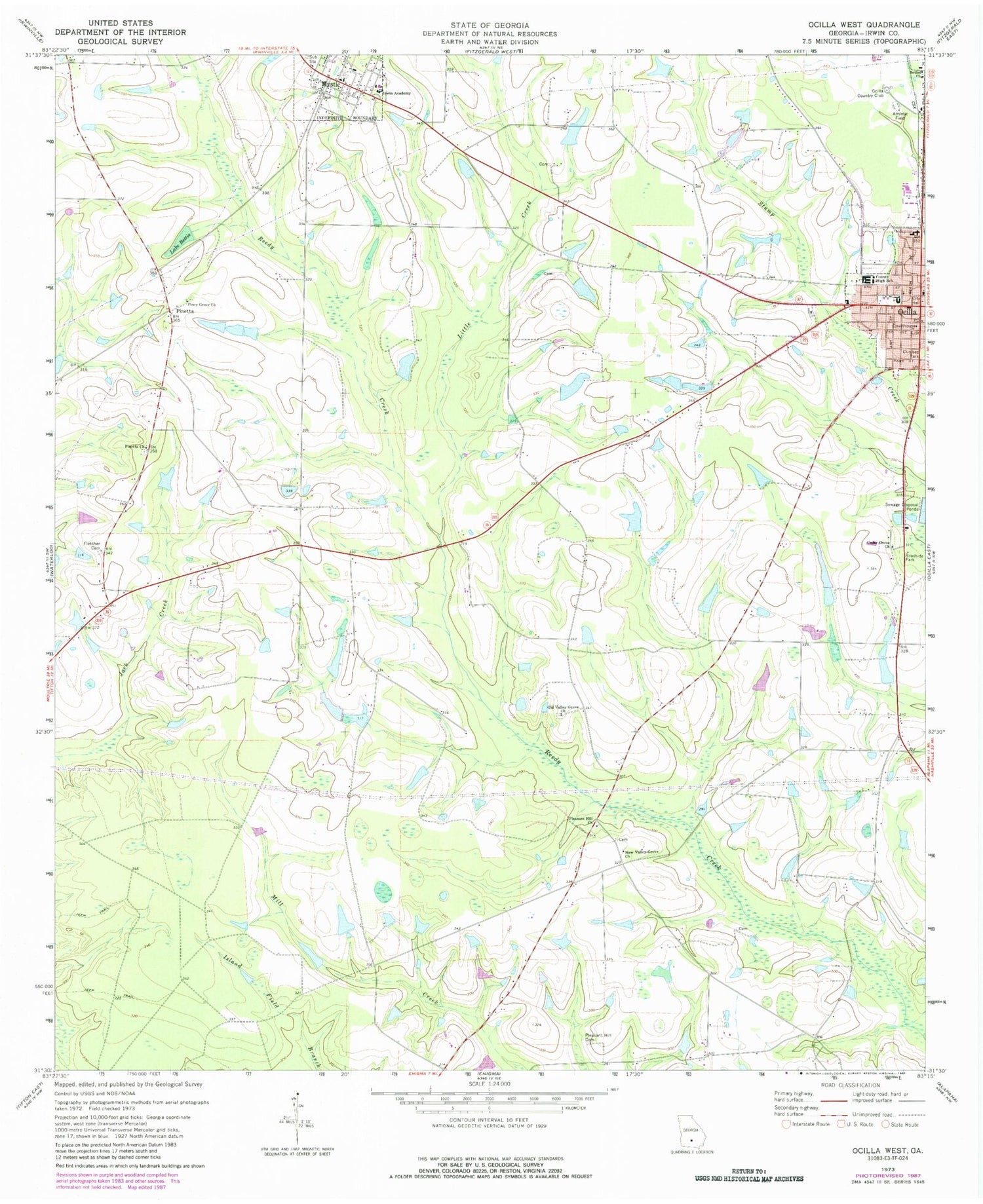 Classic USGS Ocilla West Georgia 7.5'x7.5' Topo Map Image