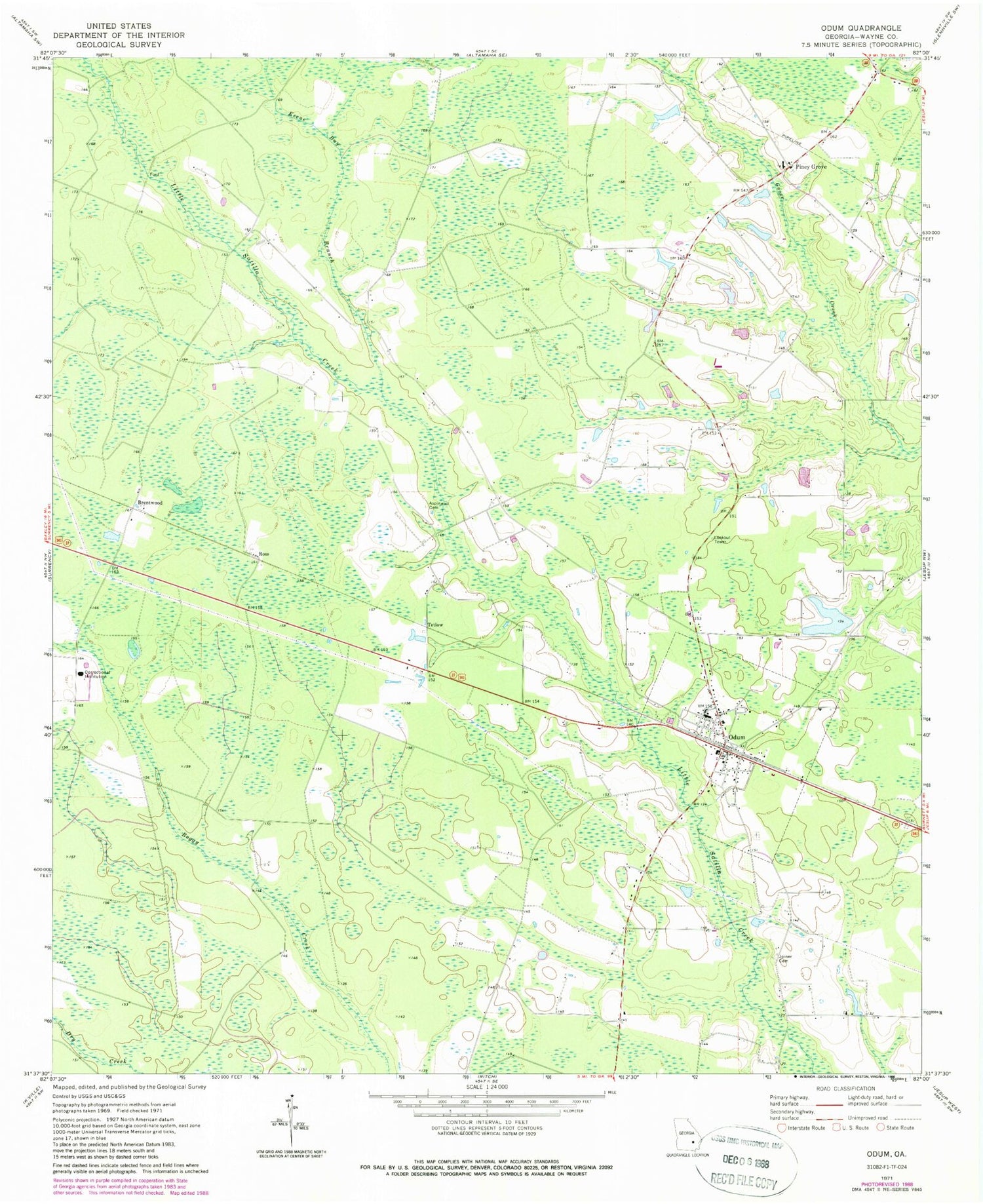Classic USGS Odum Georgia 7.5'x7.5' Topo Map Image
