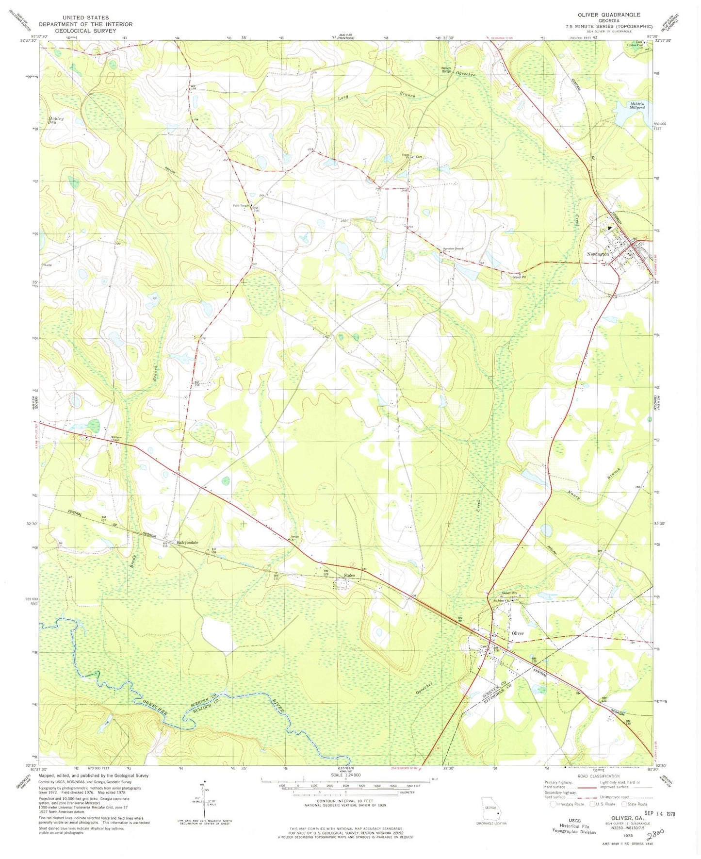Classic USGS Oliver Georgia 7.5'x7.5' Topo Map Image