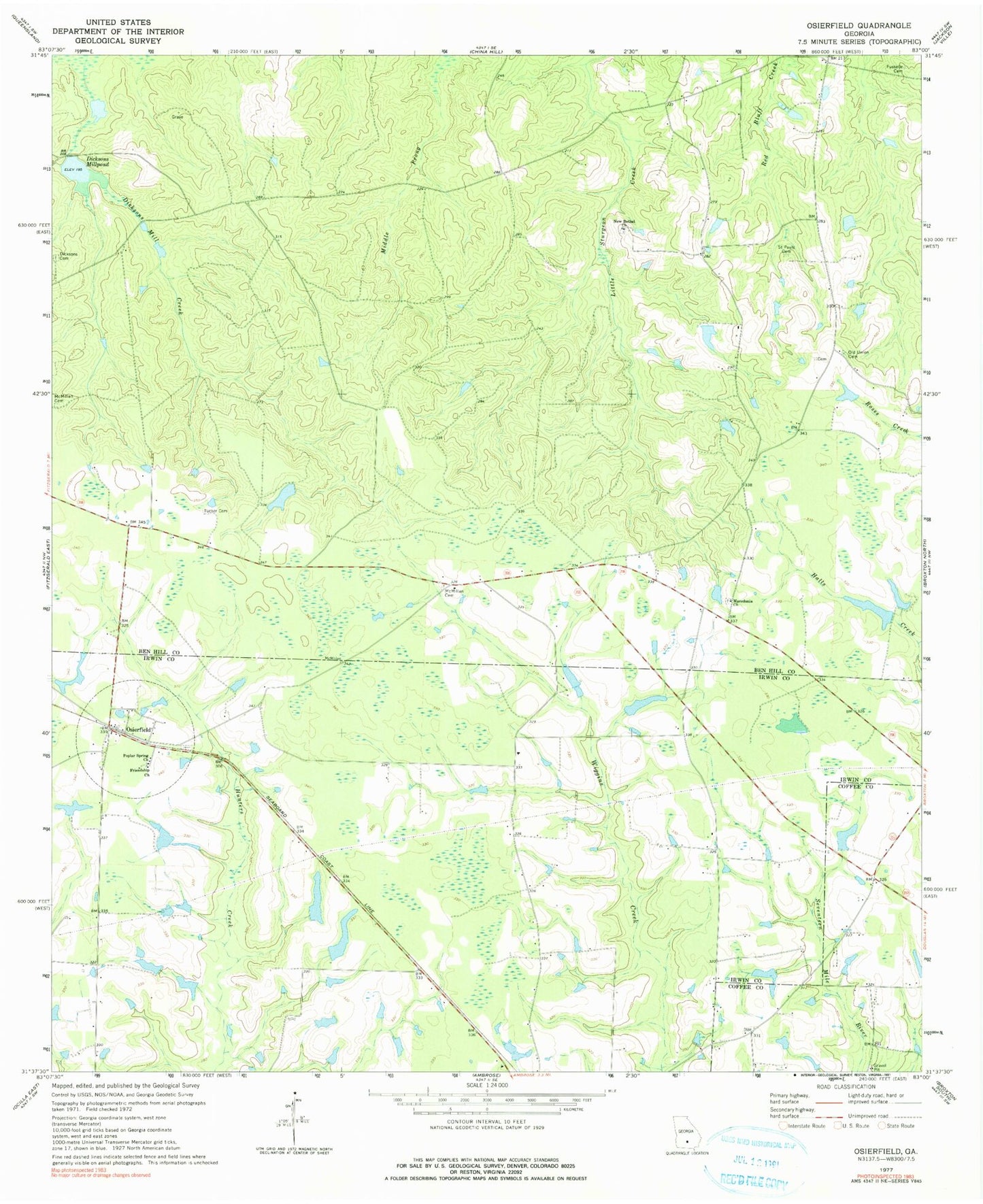 Classic USGS Osierfield Georgia 7.5'x7.5' Topo Map Image
