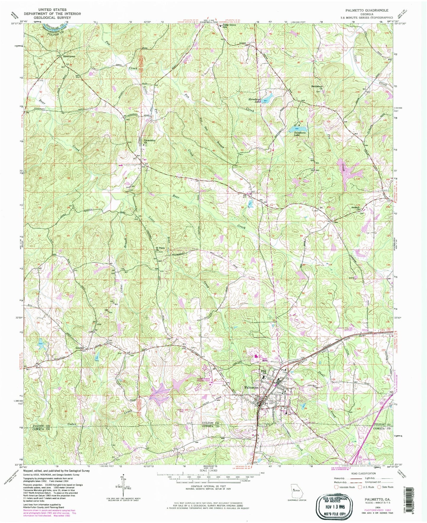 Classic USGS Palmetto Georgia 7.5'x7.5' Topo Map Image