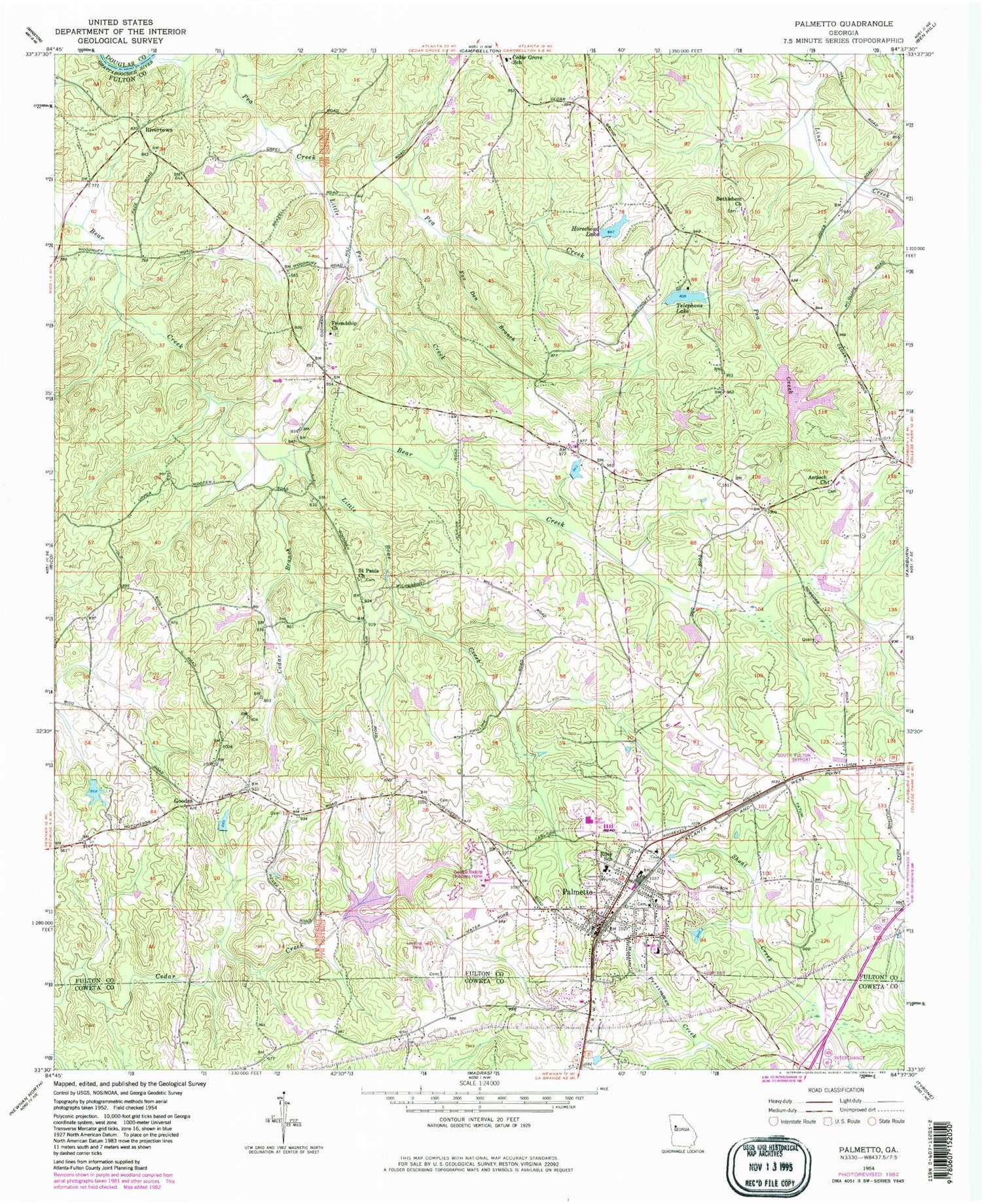 Classic USGS Palmetto Georgia 7.5'x7.5' Topo Map Image